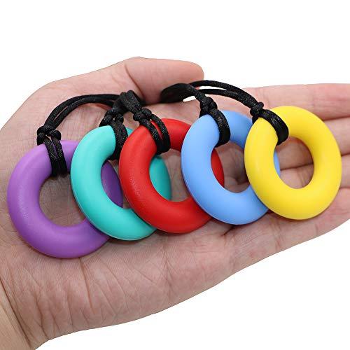 Atsky Sensory Chew Necklace for Kids and Adults, 5 Pack Silicone Chewy Toys, Oral Motor Aids Chew Pendant Chewable Toys for Boys and Girls with Autism, ADHD, Reduces Chewing Donut Multicolor