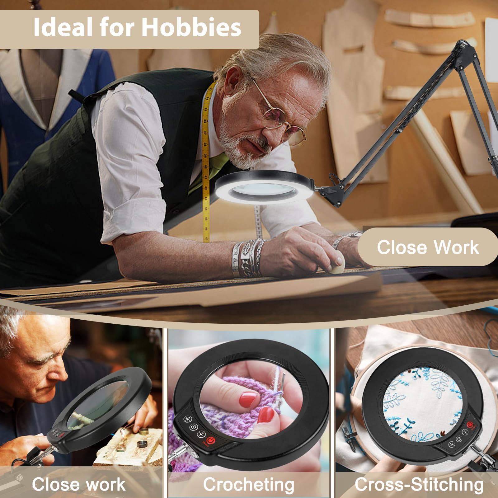 MagnieOpti 10X Magnifying Glass with Light and Clamp, 5 Color Modes Stepless Dimmable Real Glass Lighted Magnifier, Hands Free LED Magnifying Desk Lamp for Painting Craft Close Work Cross Stitch Sewing Retire