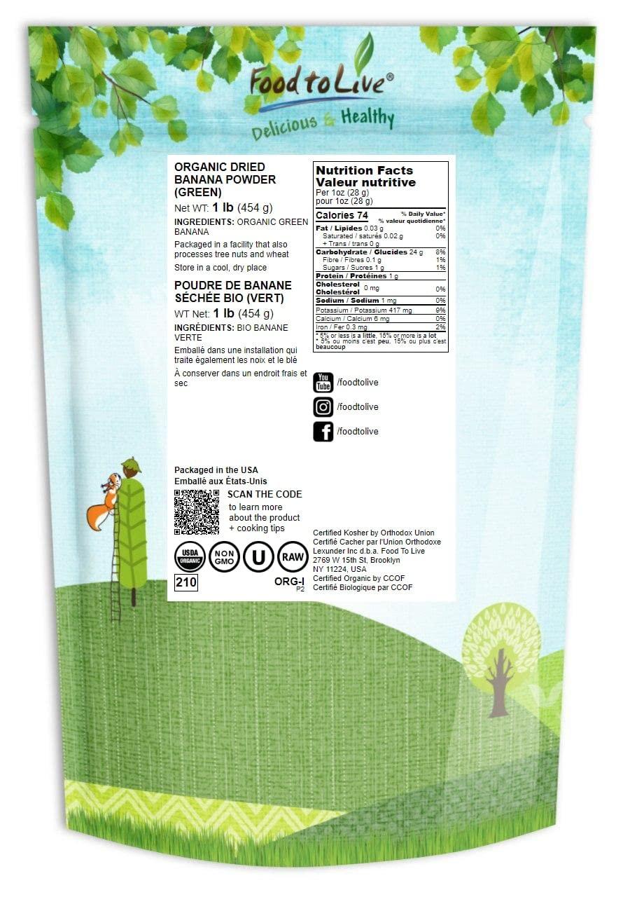 Food to Live Organic Green Banana Powder, 1 Pound Non-GMO, Whole Fruit Flour, Finely Ground, Pure, No Sugar Added, Unsulfured, Vegan, Bulk. Good Source of Resistant Starch and Prebiotic Fiber. Great for Baking