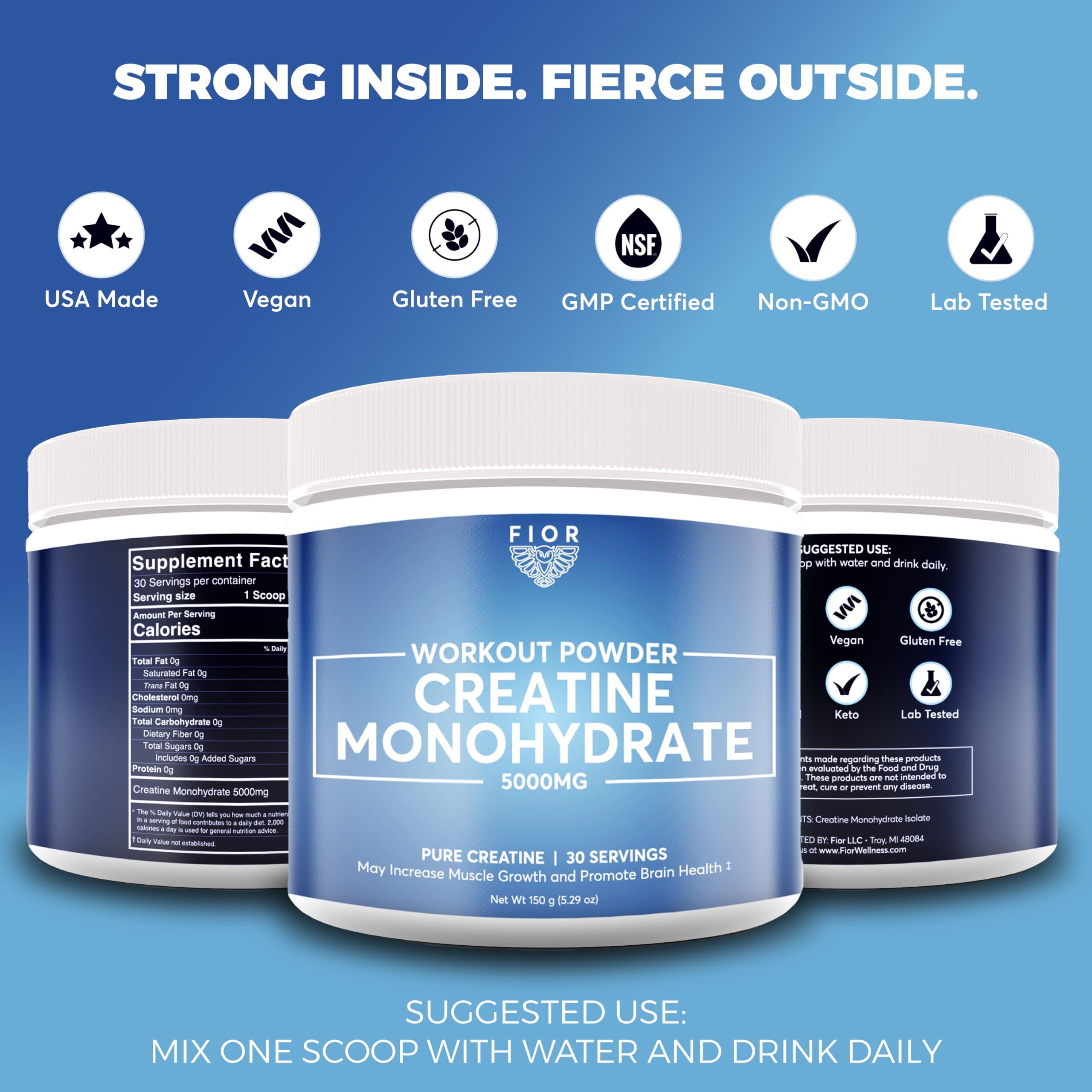 FIOR FIOR Pure Creatine Monohydrate Powder - Micronized Creatine for Men & Women, Pure Non-GMO, Vegan & Gluten Free Creatine Powder, 5 Grams per Serving, 30 Servings