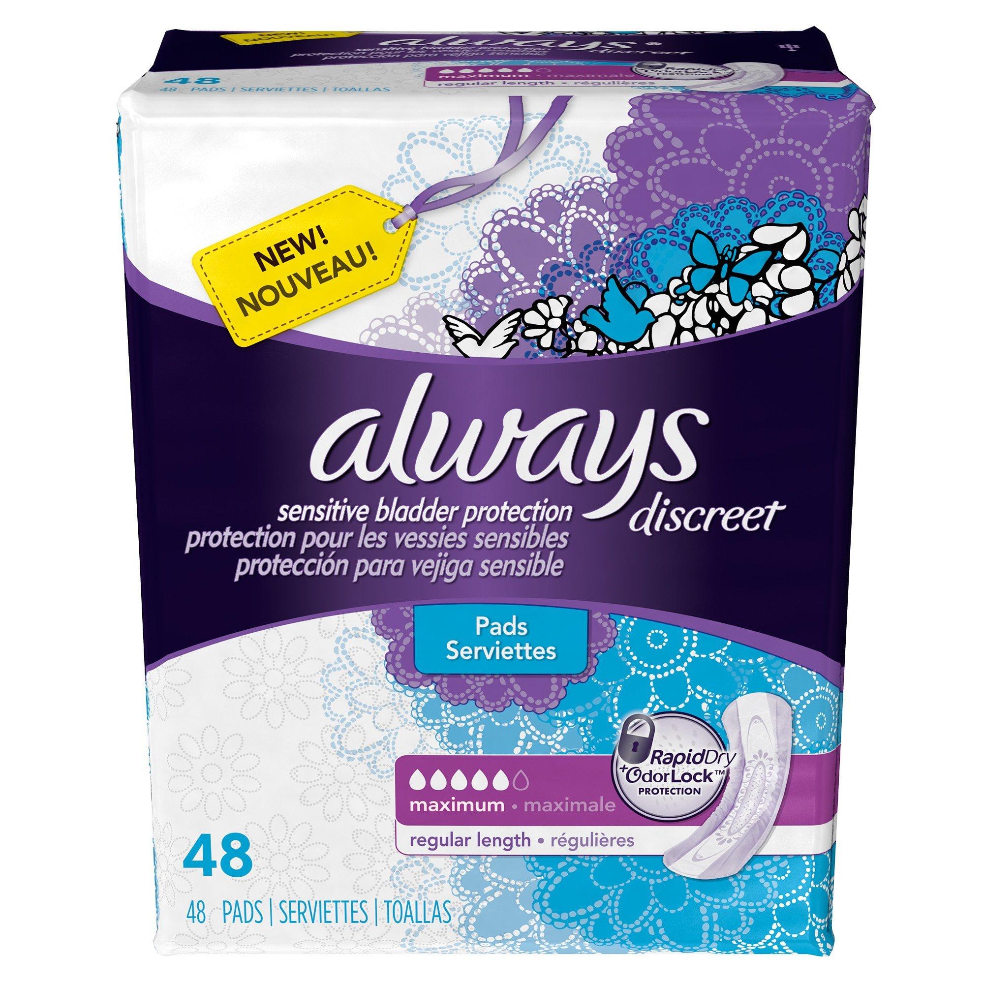Always Discreet Always Discreet Incontinence Pads for Women, Maximum Absorbency, Regular Length, 144 count (Packaging May Vary)
