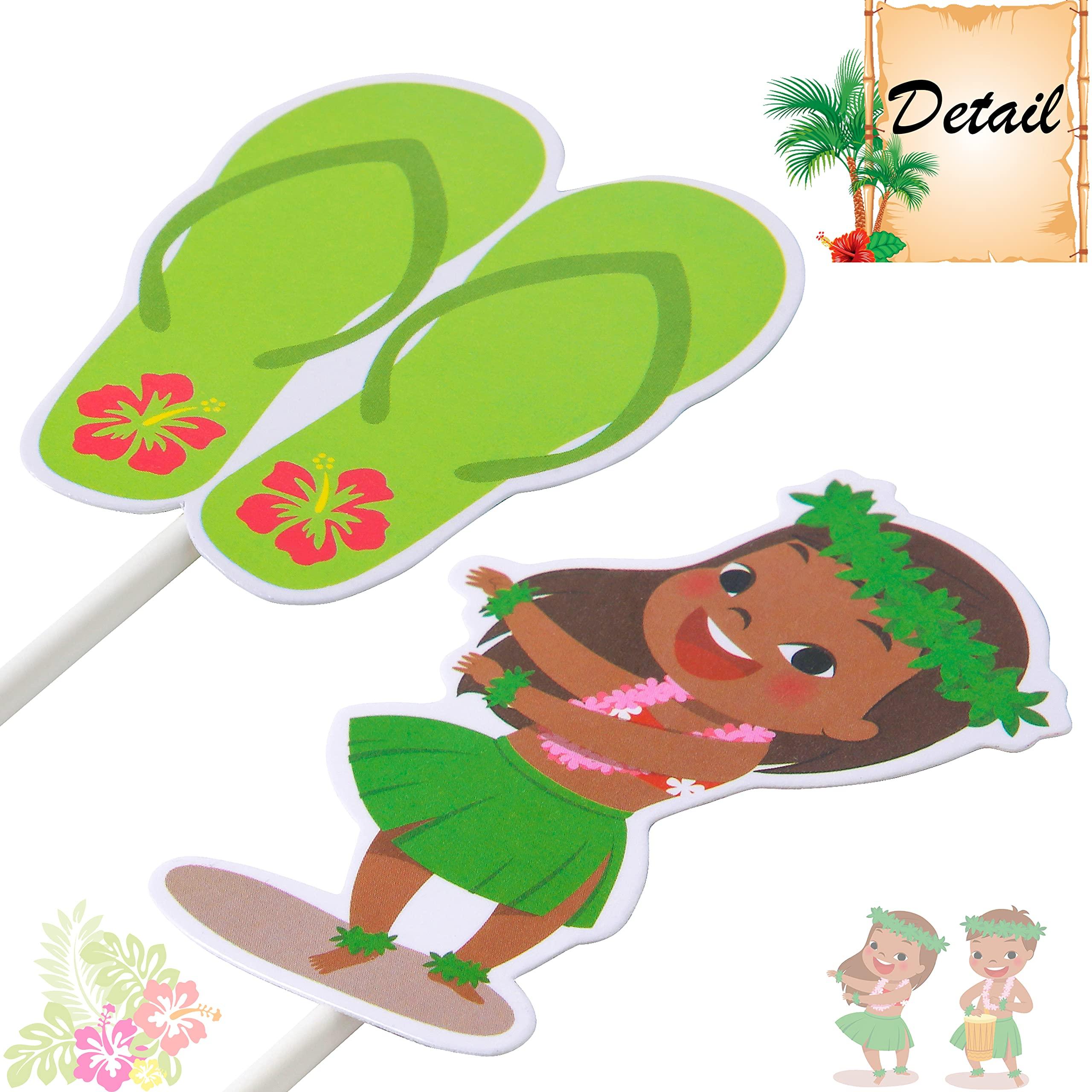 C L cooper life 32 Pcs Hawaii Aloha Luau Cupcake Toppers Hawaiian Tropical Summer Theme Birthday Party Cake Decorations with Palm Leaves Flamingo Tiki Coconut Pattern