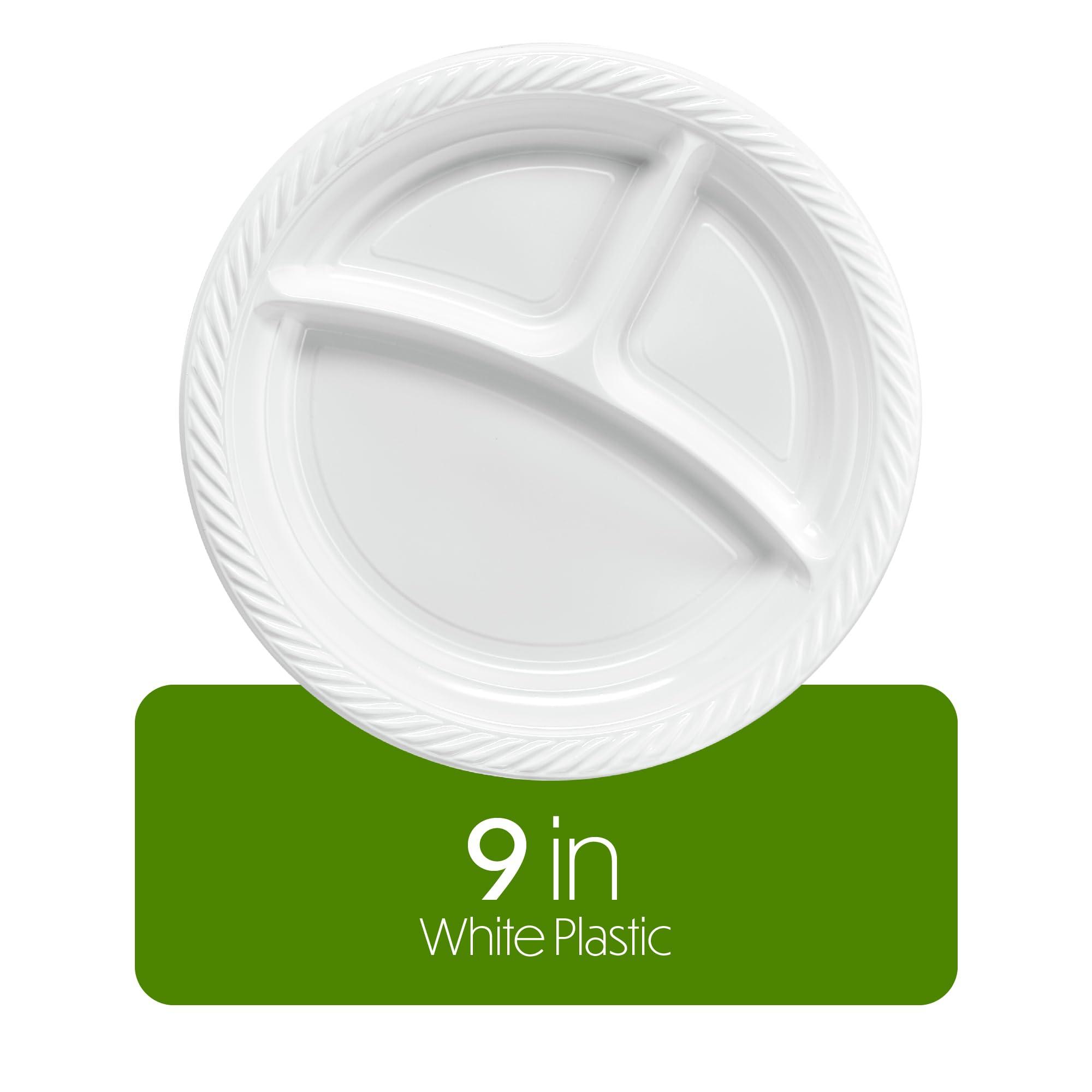 PLASTICPRO PLASTICPRO 9 inch Round Plastic Plates 3 Compartment - 3 Section Plates Microwaveable, Disposable, White, Dinnerware 100 Count