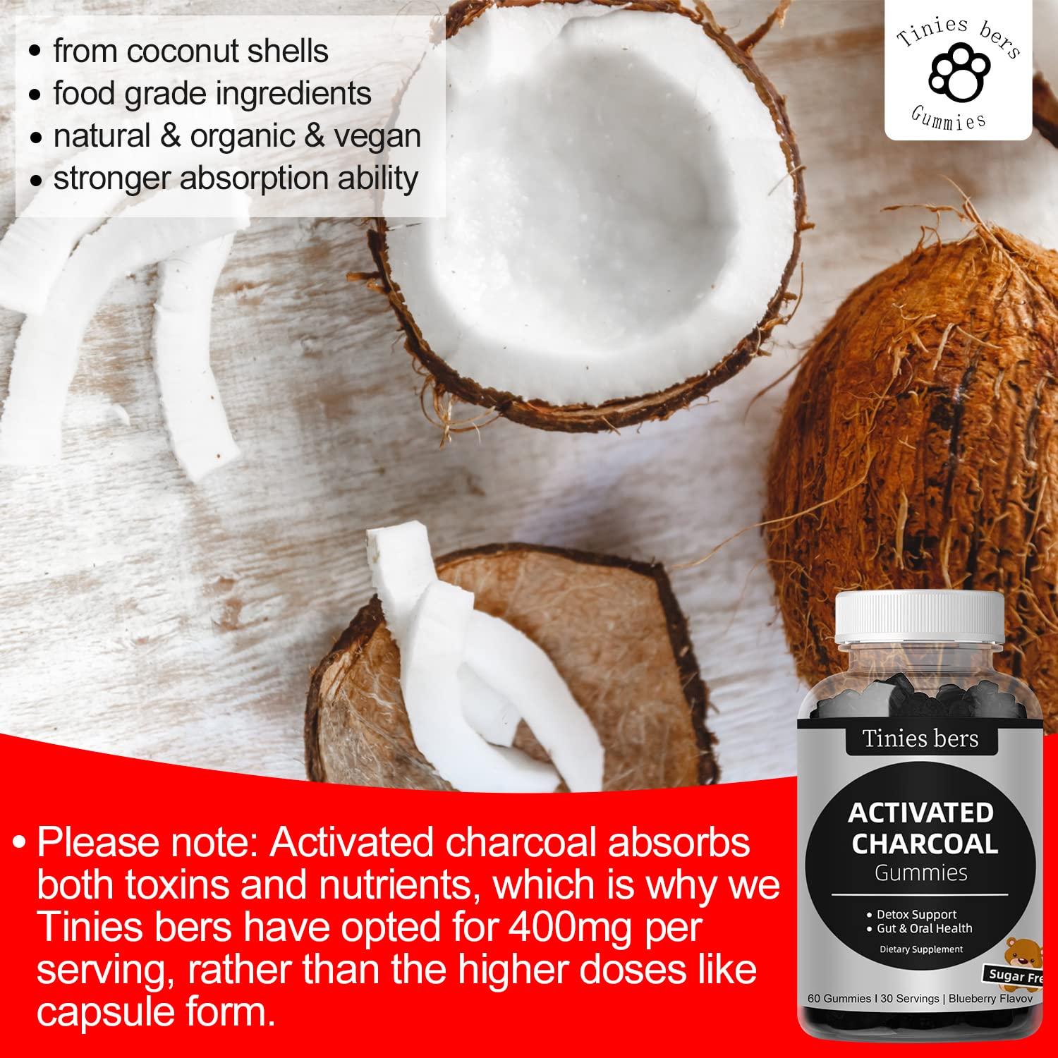 Tinies bers Activated Charcoal Gummies Sugar Free, 400mg Charcoal Supplements from Coconut, Quicker to Cleanse, Detox, Gas Relief, Gut & Oral Health for Adults & Kids, Gluten Free, Non GMO, Vegan, Pectin, 60