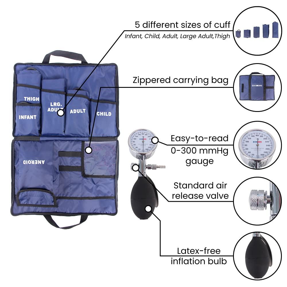 Dixie EMS Dixie EMS Aneroid Sphygmomanometer Kit, Manual Blood Pressure Monitor Set with 5 Cuffs for Infant, Child, Adult, Large Adult, Thigh, & Carrying Case – Blue