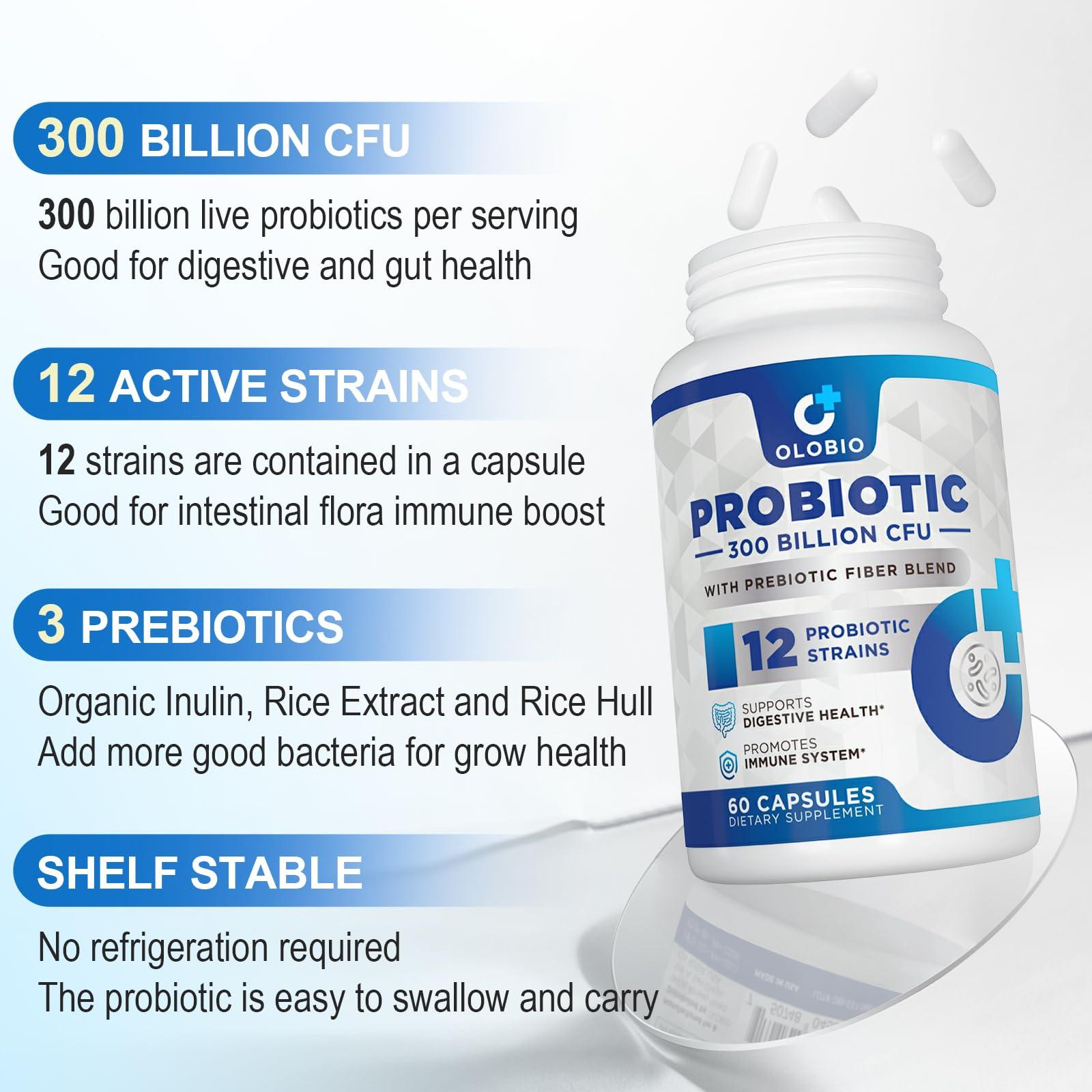 OLOBIO OLOBIO 300 Billion CFU Probiotic, 12 Strains with 3 Organic Prebiotics, Probiotics for Women and Men, Daily Supplement for Digestive, Immune, Gut & Bloating Health, Shelf Stable, Vegan, 120 Counts