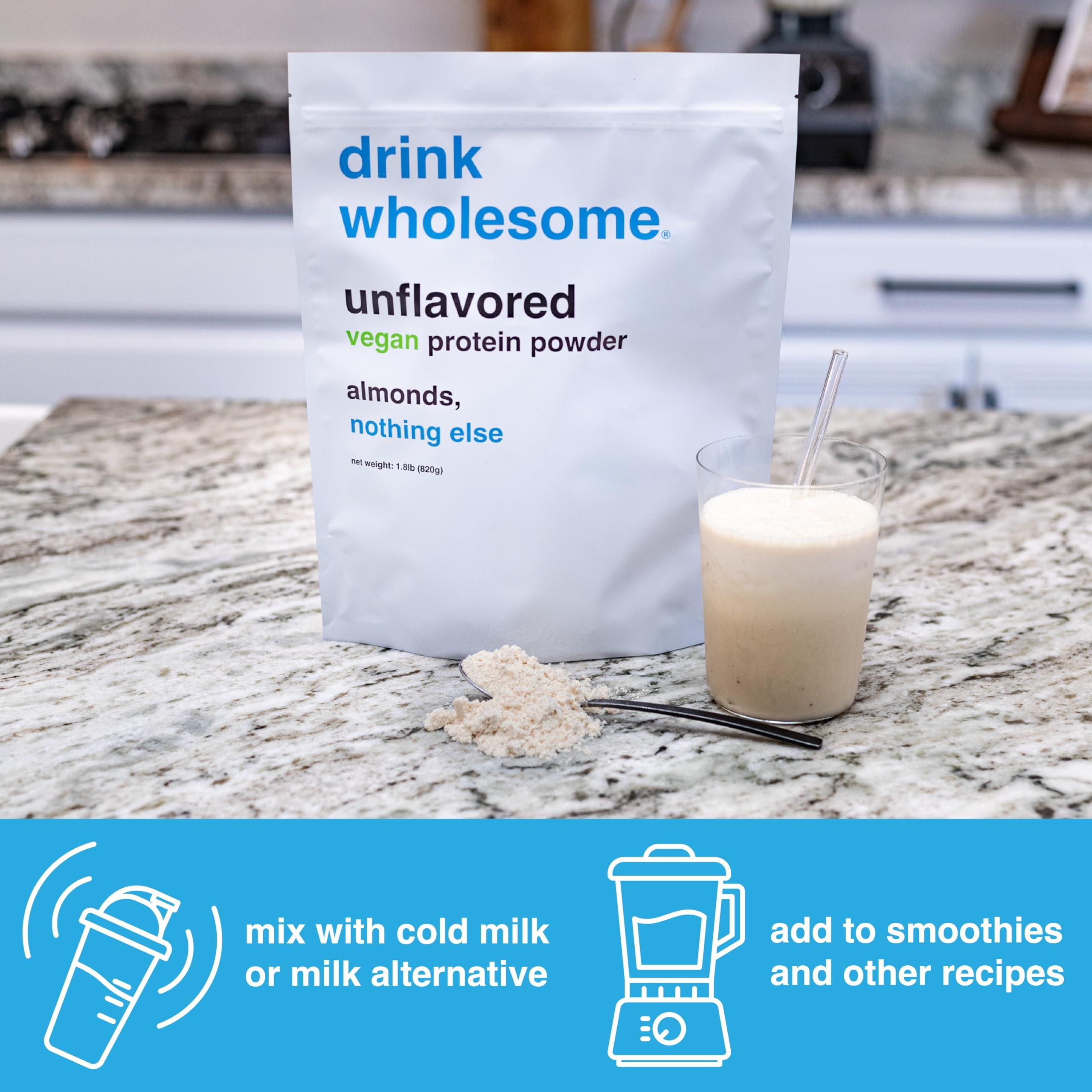 drink wholesome drink wholesome Vegan Unflavored Almond Protein Powder | for Sensitive Stomachs | Gut Friendly | No Artificial Sweeteners | No Sucralose | No Stevia | Low Sodium | Paleo | Safe for Kids & Seniors