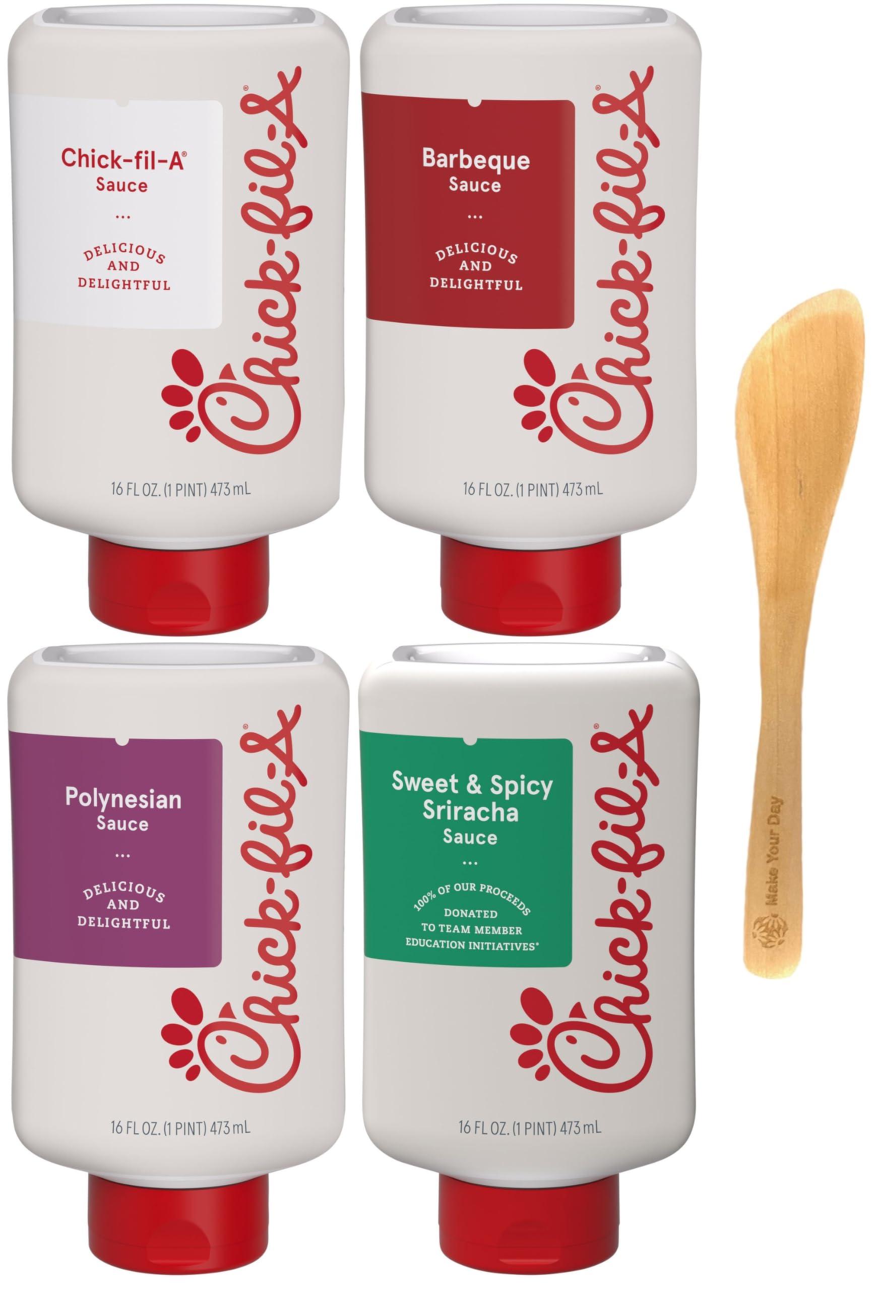 Make Your Day Chick-fil-a Sauce, Original, Barbeque, Polynesian, and Sweet & Spicy Sraracha, 16 Ounce (Pack of 4) - with Make Your Day Spreader