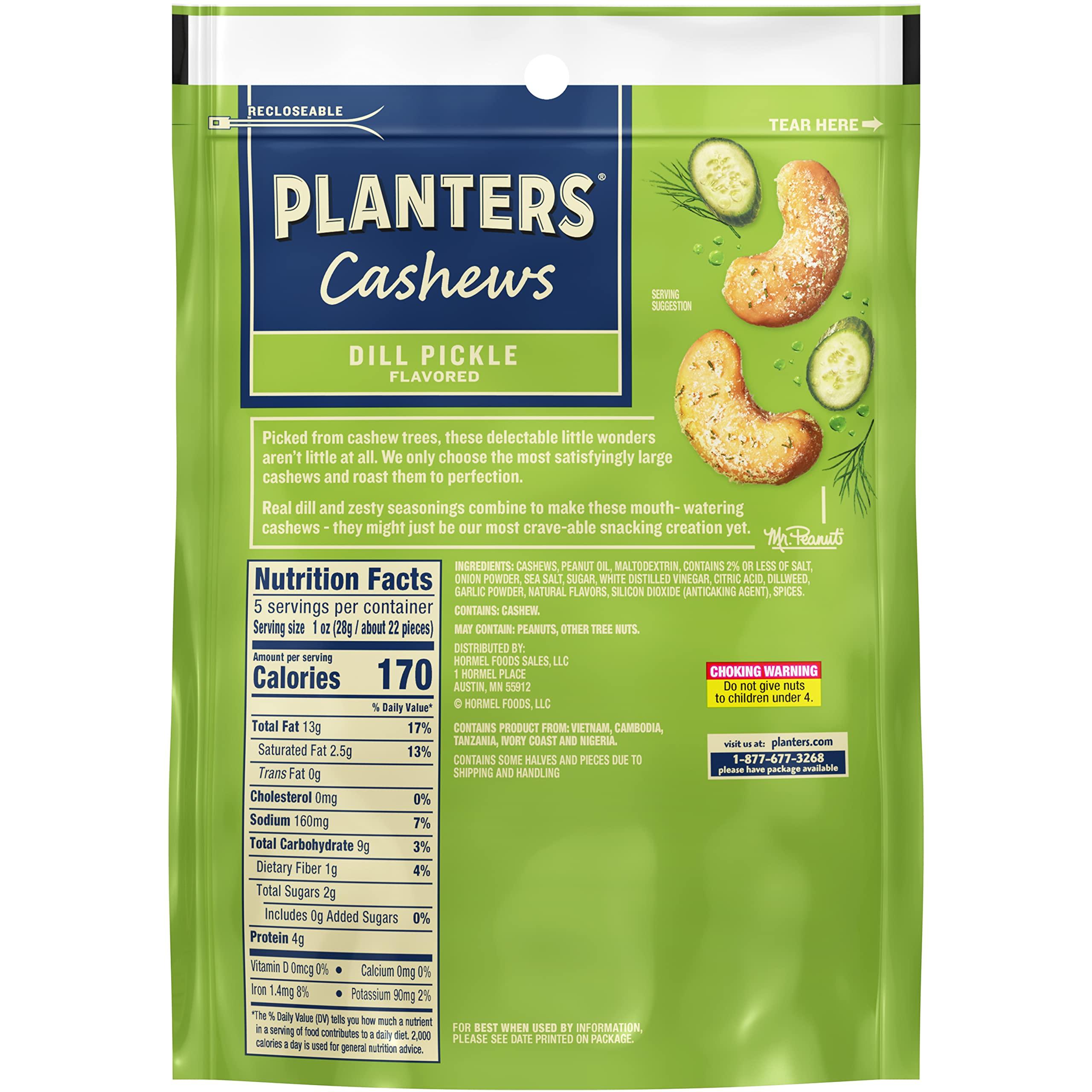 Planters PLANTERS Dill Pickle Cashews, Whole Cashews, Individual Nuts Snack Packs, Party, Plant-Based Protein, Snack for Adults, After School snacks for Kids, Flavored Cashew, Kosher, 5oz Bag