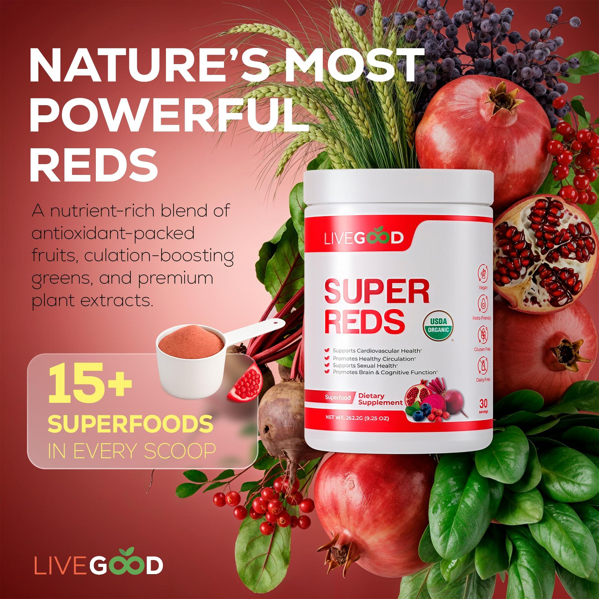 LIVEGOOD LIVEGOOD Organic Super Reds with Alfalfa, Barley Grass, Beet Root, Pomegranite, Grape Seed, Vegan, Gluten Free, 7.2 oz.