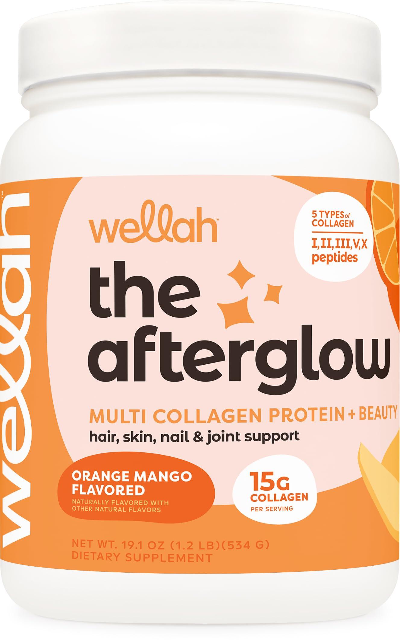 Wellah Wellah The Afterglow Multi Collagen Protein + Beauty (30 Servings, Orange Mango) - Hair, Skin, Nail & Joint Support - Non-GMO and Gluten Free