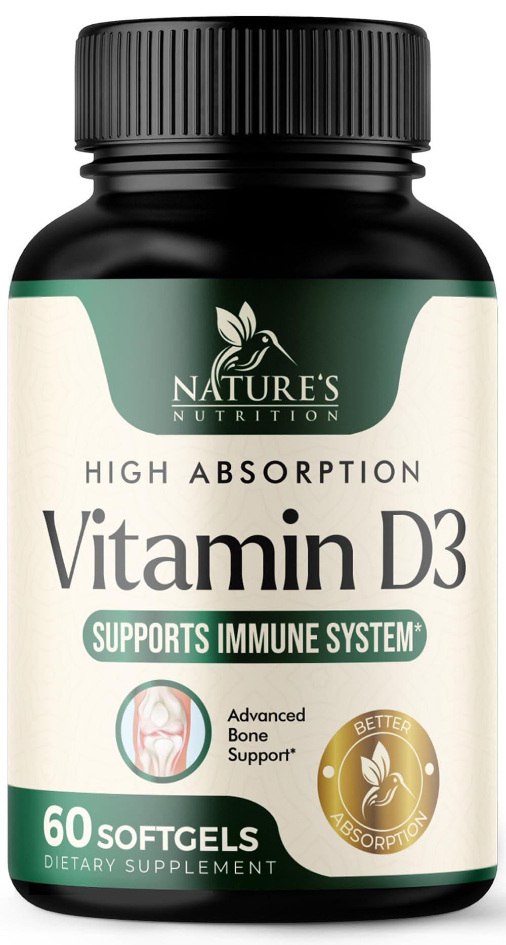 Nature's Nutrition Vitamin D3 Supplement 5000iu (125 mcg) - High Potency Vitamin D Dietary Supplement for Bone, Teeth, Muscle and Immune Health Support - Rapid Absorption D3 Softgel, Non-GMO, Gluten Free - 60 Softgels