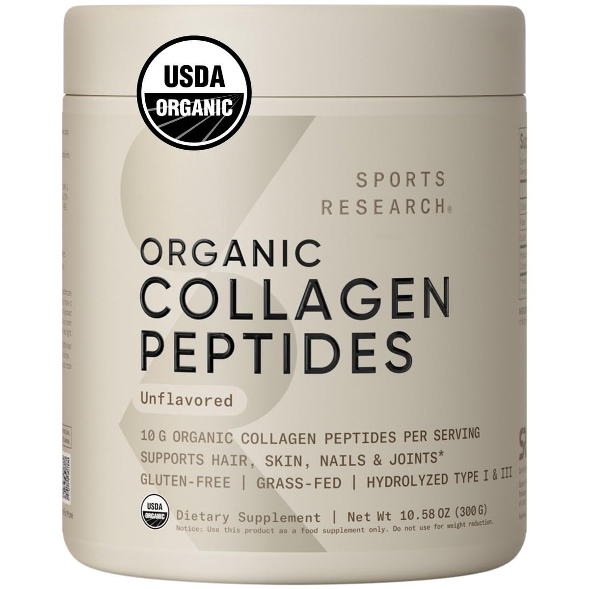 Sports Research Sports Research Organic Collagen Peptides - Hydrolyzed Type I & III Collagen Protein Powder Sustainably Sourced from Grass-Fed Bovine - Unflavored, Organic Certified & Gluten Free - 30 Servings