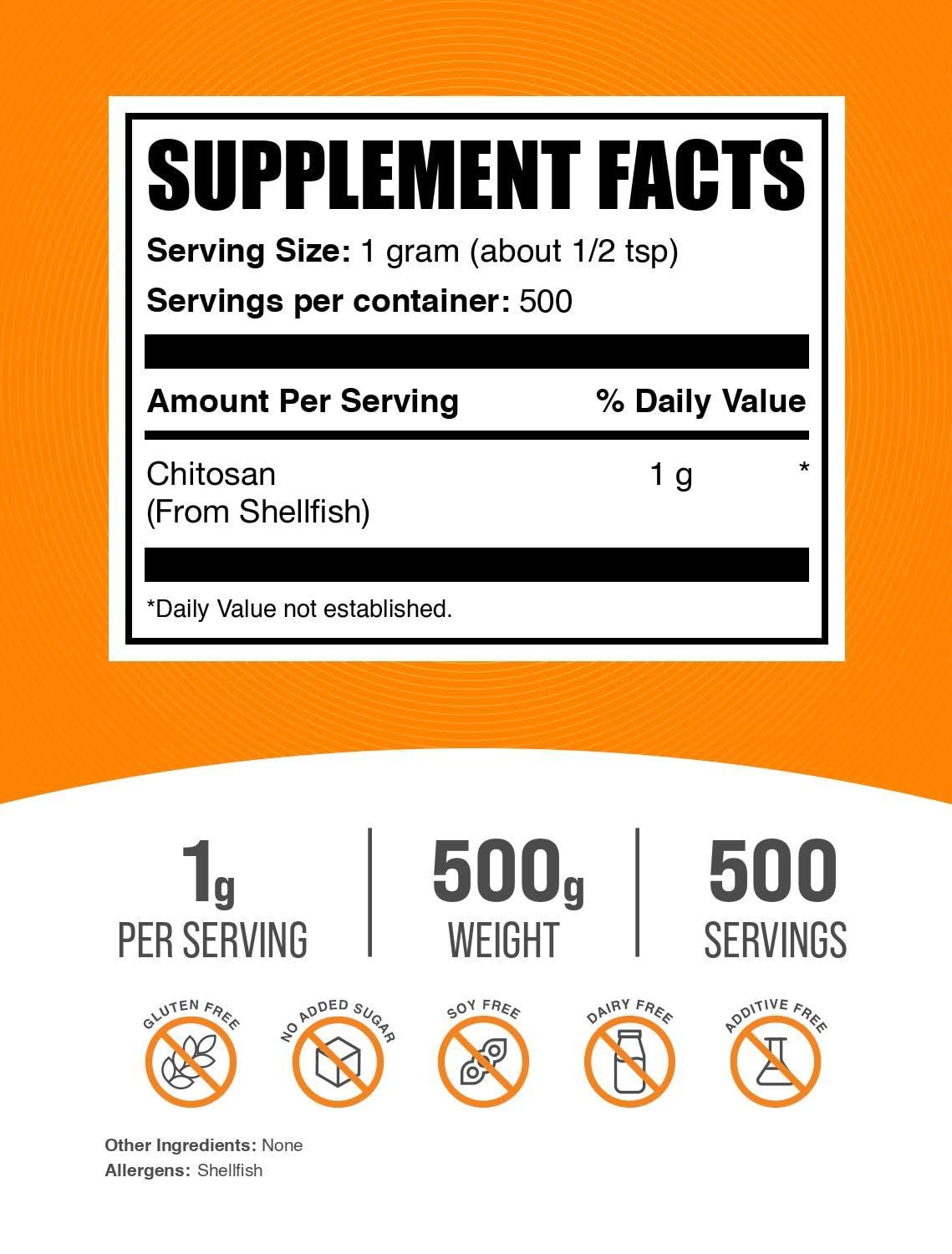 BulkSupplements BulkSupplements.com Chitosan Powder - Chitosan 1000mg, Chitosan Supplements - Food Grade, Gluten Free & Soy Free, 1000mg per Serving, 500g (1.1 lbs) (Pack of 1)