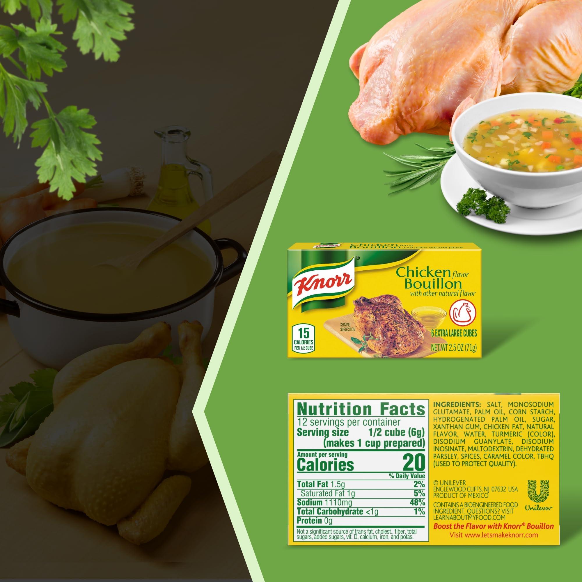 GOOD FOR MY HOME Chicken Bouillon Cubes Bundle. Includes One-2.5 Oz Box of Knorr Chicken Bouillon Cubes in a Good For My Home Box. 6 Extra Large Chicken Bouillon Cubes in a Box! Bouillon Cube is Only 30 Calories!