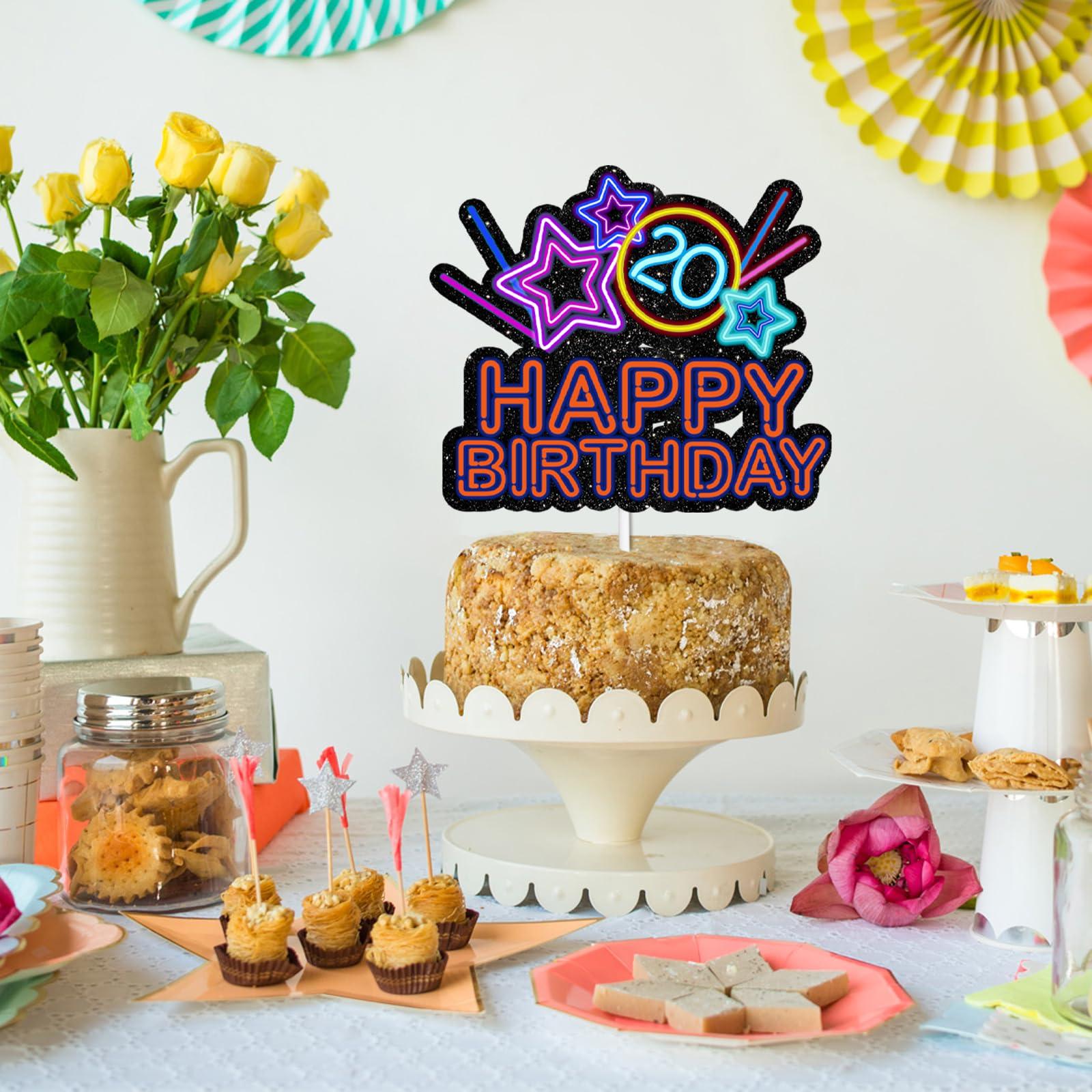 HEYUWING Colorful Glitter Star Happy Birthday 20 Cake Topper Lets Glow Crazy Party Theme Decoration Supplies Boys Girls Happy 20th Birthday Anniversary Party Decor Supplies