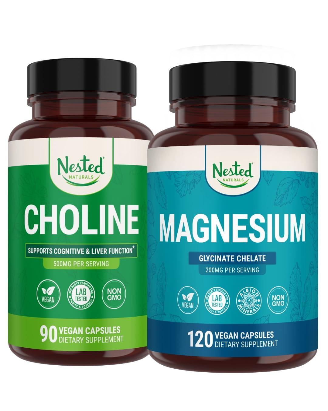 Nested Naturals Nested Naturals Choline Bitartrate & Magnesium Glycinate Chelate Stack | Relaxation, Sleep Support, Cognitive Performance (210 Count)