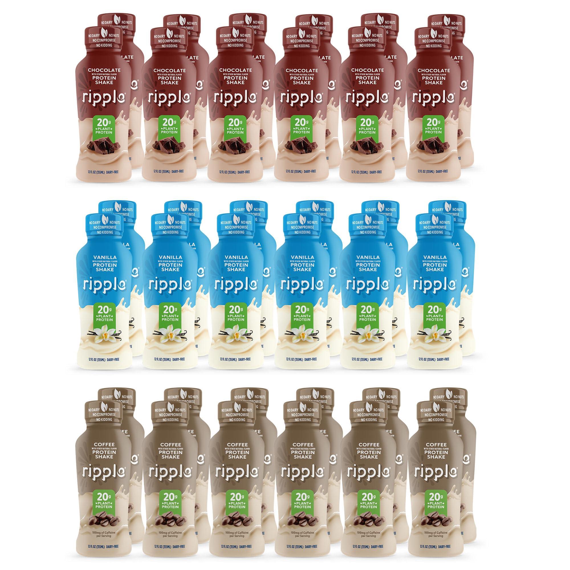 Ripple Ripple Vegan Protein Shake, Chocolate 12 Fl Oz (12 Pack) & Vanilla (12 Pack) & Coffee (12 Pack) | 36 Pack