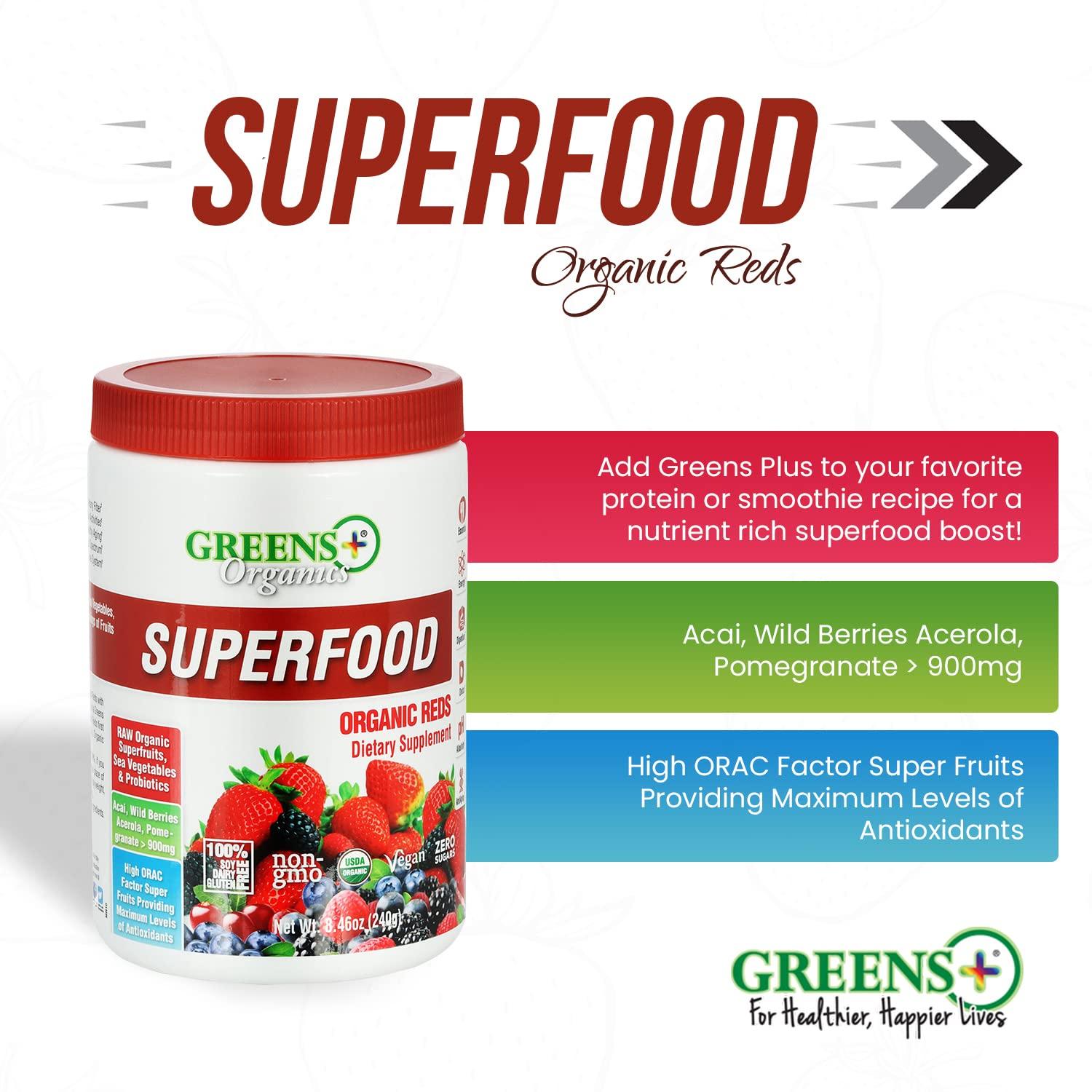 Greens+ Greens+ Organic Reds Superfood Powder Organic RAW Superfood Powder Immune Support Energy Boost, Nutrition, Vibrant Health, Dietary Supplement, Vegan, Soy/Dairy/Gluten Free