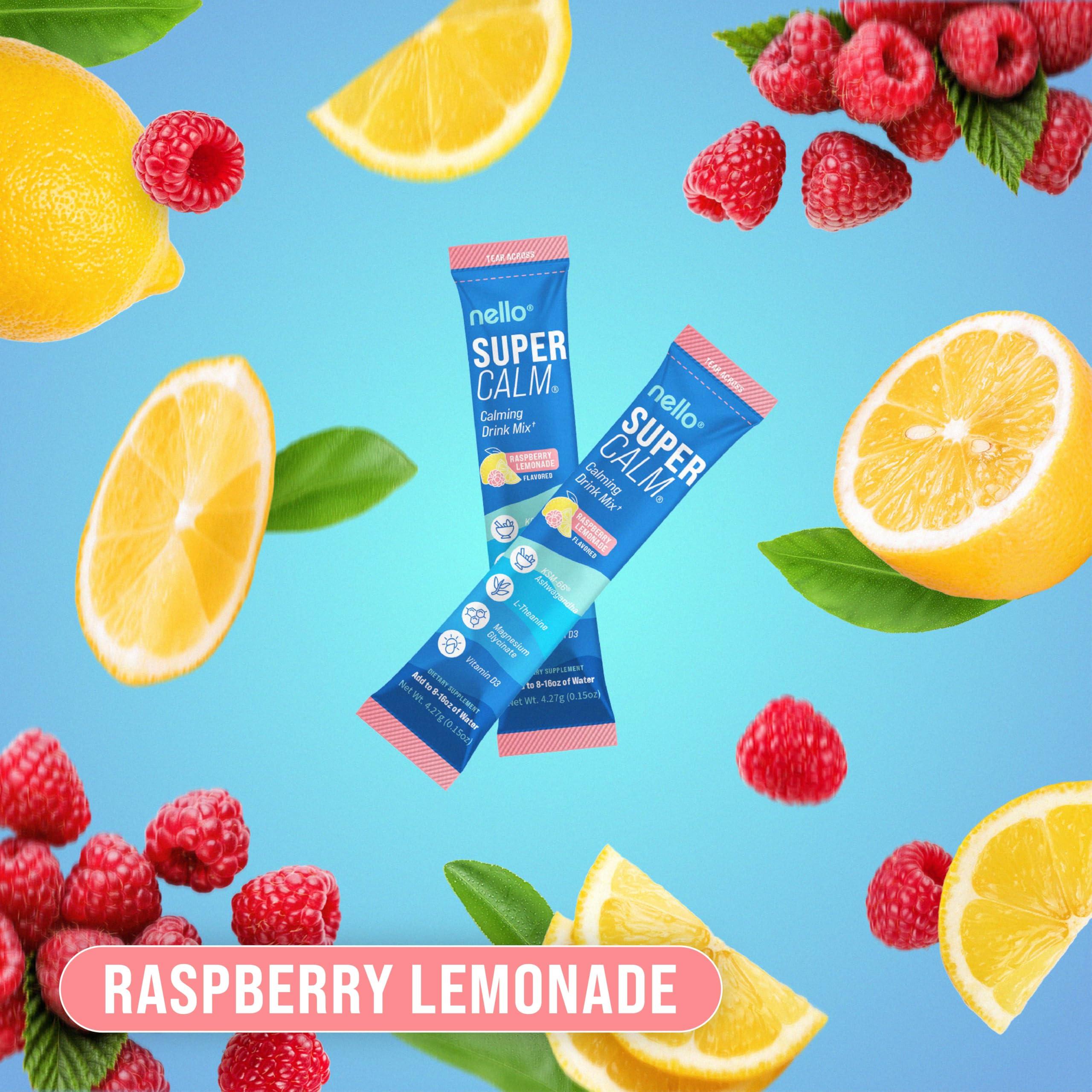 Nello Nello Supercalm Powdered Drink Mix, Raspberry Lemonade, L Theanine, Ksm-66 Ashwagandha, Magnesium Glycinate, Vitamin D 3, Supplements for Relaxation & Focus, No Sugar, Non GMO, Vegan, On The Go, 20 Ct