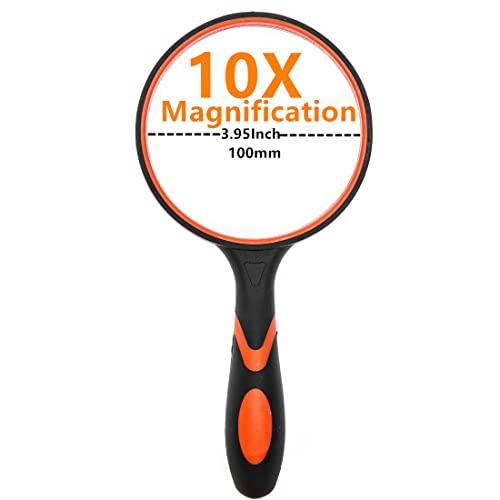 HOMEGOAL Magnifying Glass 10X Handheld Reading Magnifier with Cleaning Cloth-100MM 4INCHES Large Magnifying Lens with Non-Slip Soft Handle for Seniors Book Newspaper Reading and Kids Nature Hobby Exploration