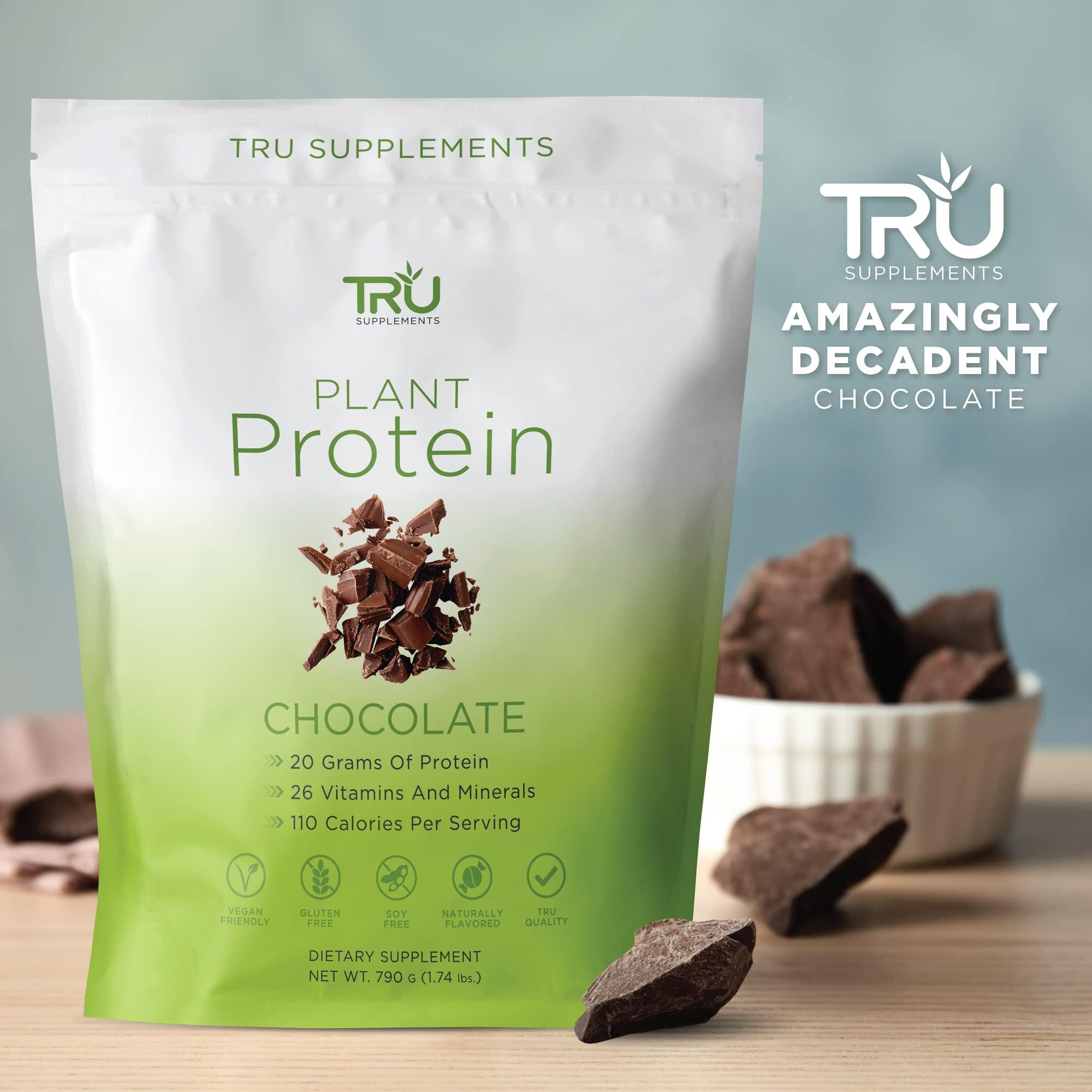 TRU Supplements TRU Plant Based Protein Powder, BCAA, EAA, 20g Vegan Protein, 100 Calories, 27 Vitamins, No Artificial Flavors 25 Servings (Natural Chocolate Cream)