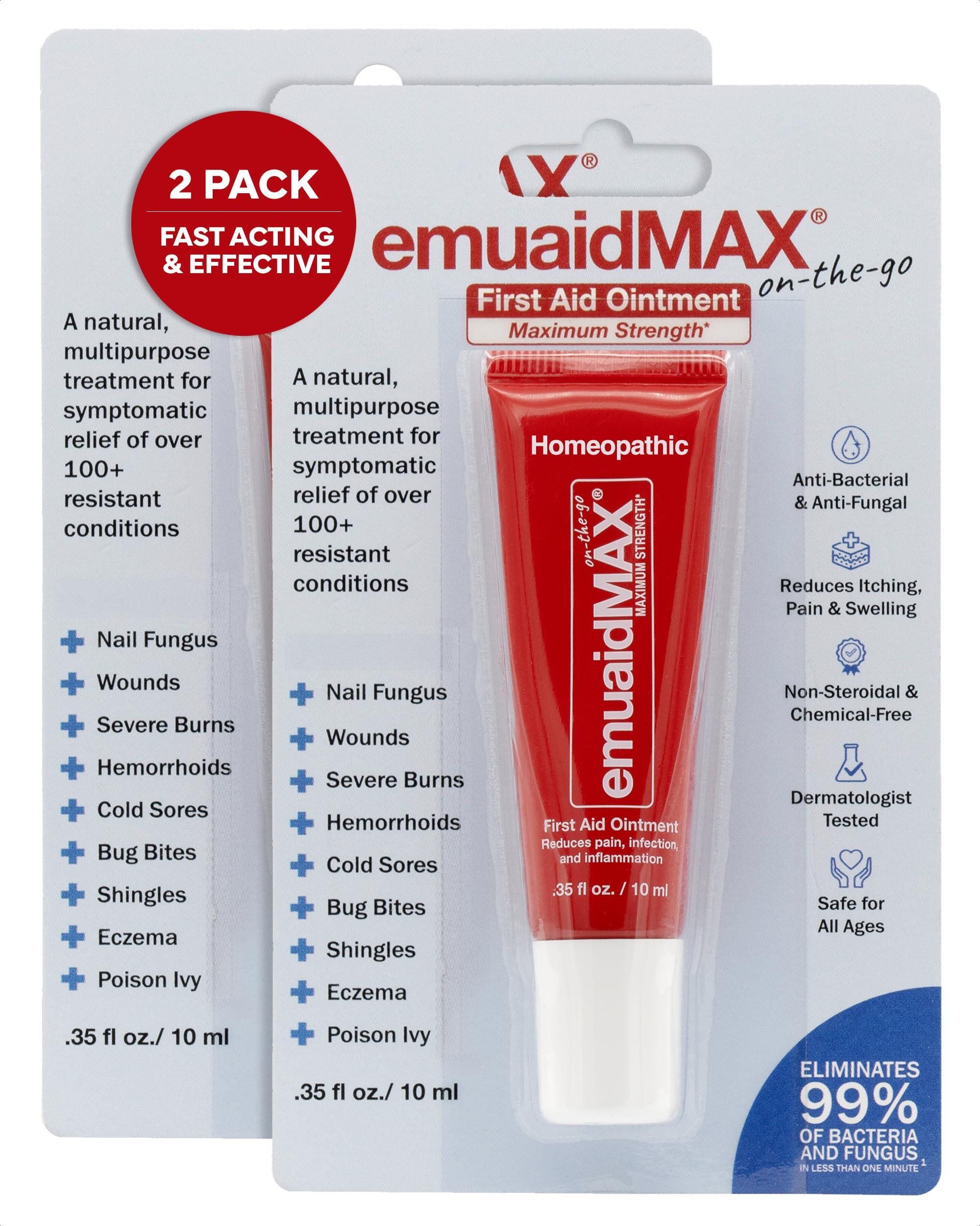 emuaid EMUAIDMAX First Aid Homeopathic Ointment, Natural Fast-Acting Topical Ointment for Resistant Skin Conditions, Reduces Itching, Pain, and Swelling, On-The-Go Travel Size, 0.35oz, 2 Pack