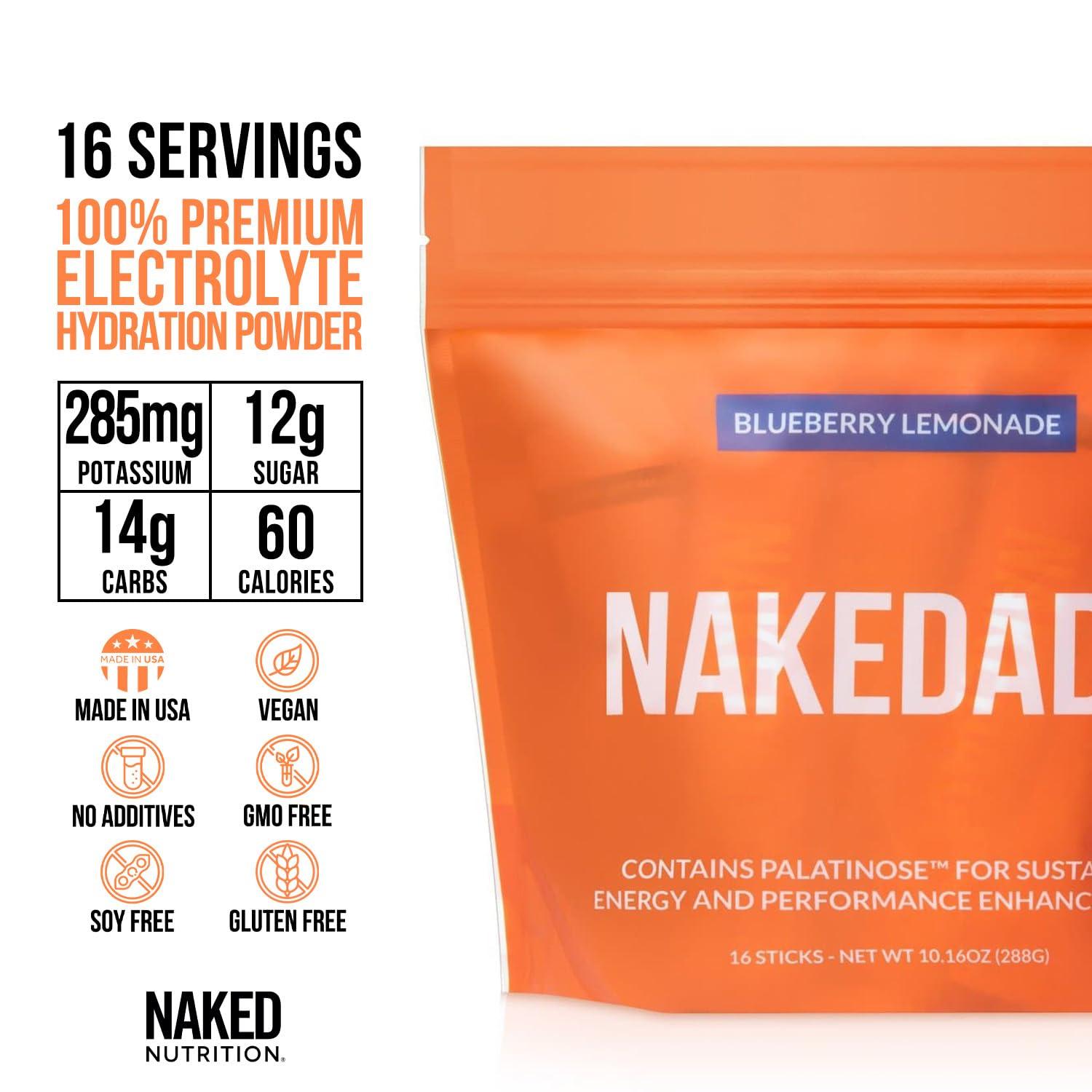 NAKED nutrition Nakedade Performance Enhancing Sports Drink Powder - Blueberry Lemonade Electrolyte Powder No GMOs or Artificial Sweeteners, Gluten-Free, Soy-Free, Dairy-Free 16 Sticks