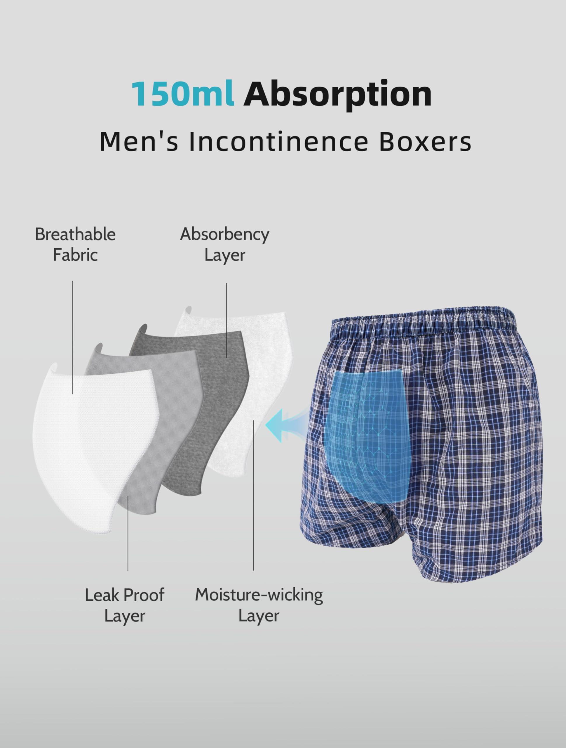 TIICHOO TIICHOO Incontinence Underwear for Men Washable Urinary Incontinence Boxer with Front Fly Regular Absorbency Mens Leak Proof Underwear 2 Pack(Medium, Blue Plaid)