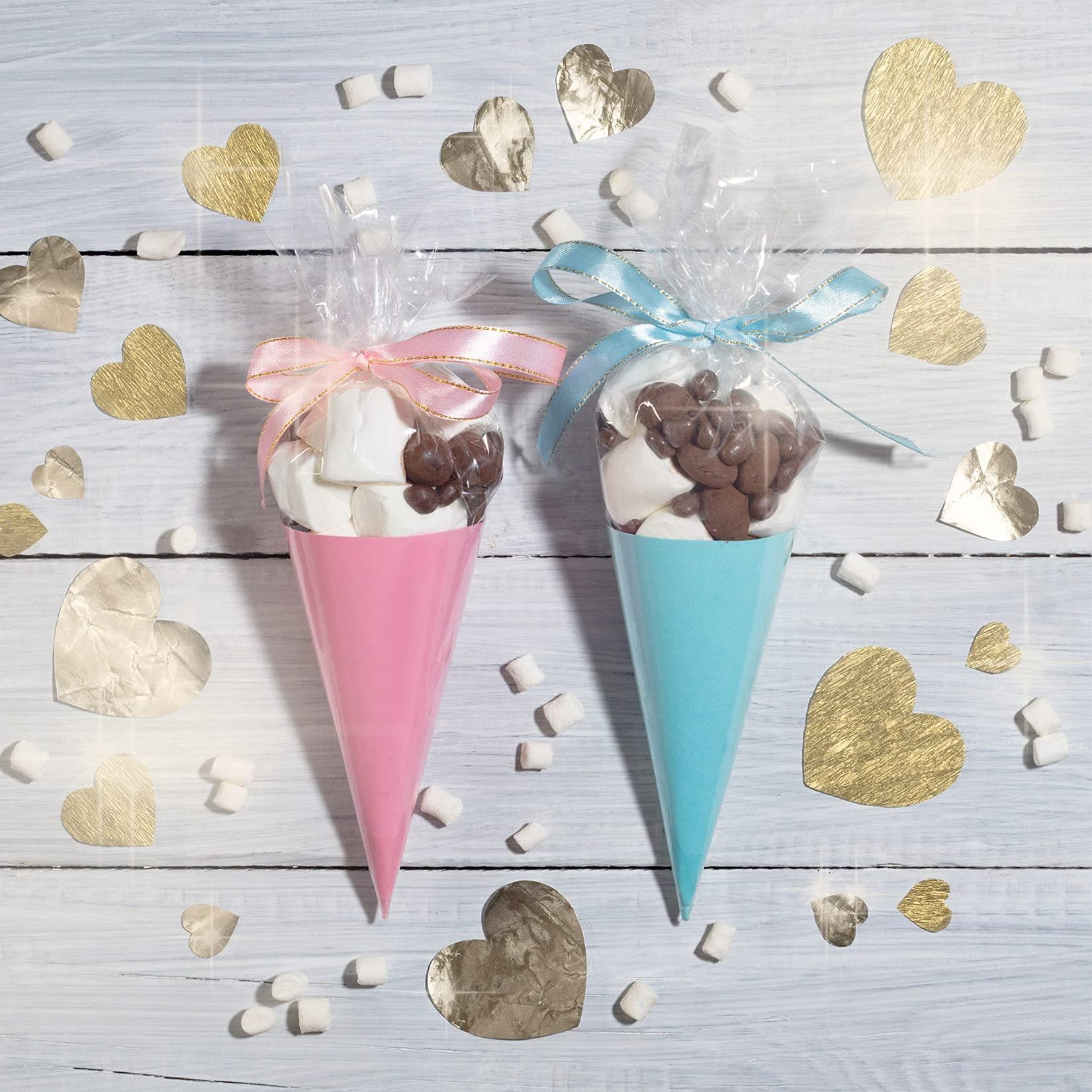 Yotelab Large Cone Cellophane Bags,7x15 Inches 200 PCS Plastic Popcorn Cone Bags for Party, Clear Cone Shaped Treat Bags with Twist Ties