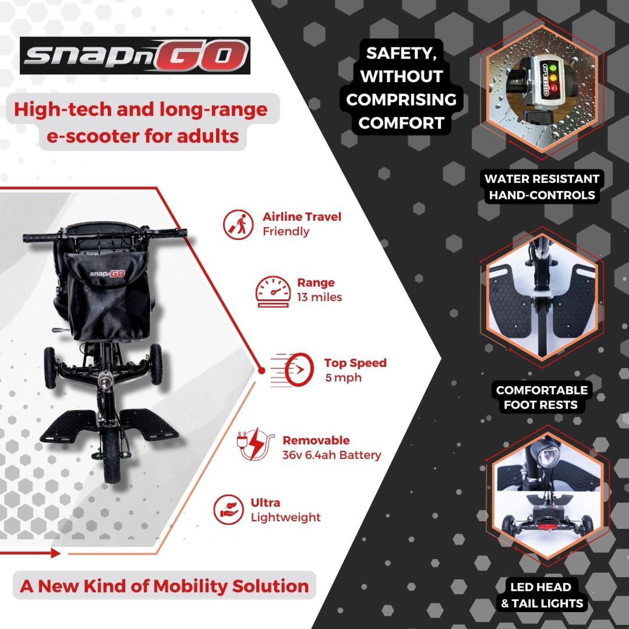 SNAPnGO SNAPnGO Three Wheel Portable Mobility Scooter for Adults - Aircraft-Grade Aluminum, Top Speeds of 7mph & 13-Mile Range - Folding & Foldable Scooter - Airline Approved Electric Sit Down Scooter