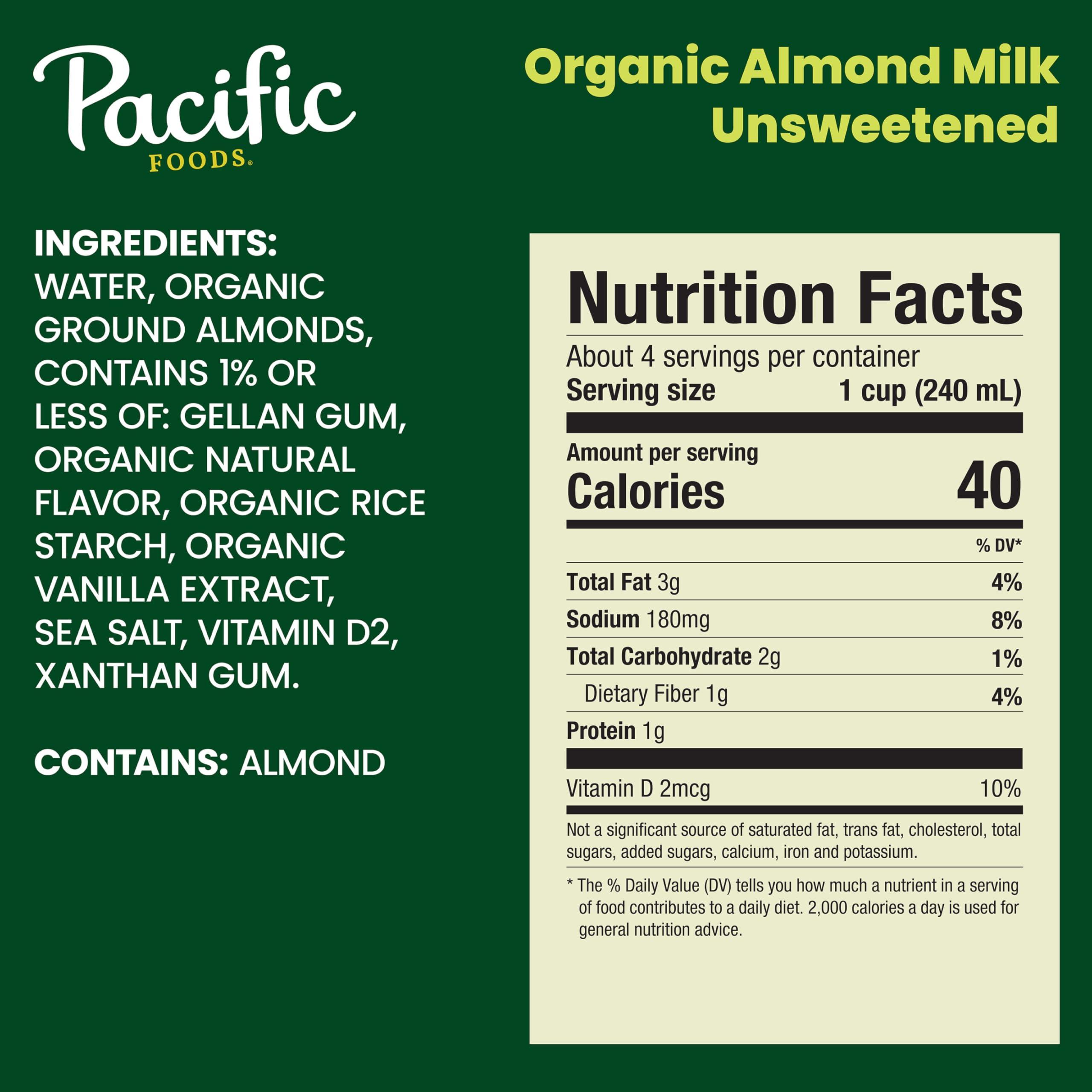 Pacific Foods Pacific Foods Organic Unsweetened Almond Milk, Plant Based Milk, 32 oz Carton (Pack of 6)