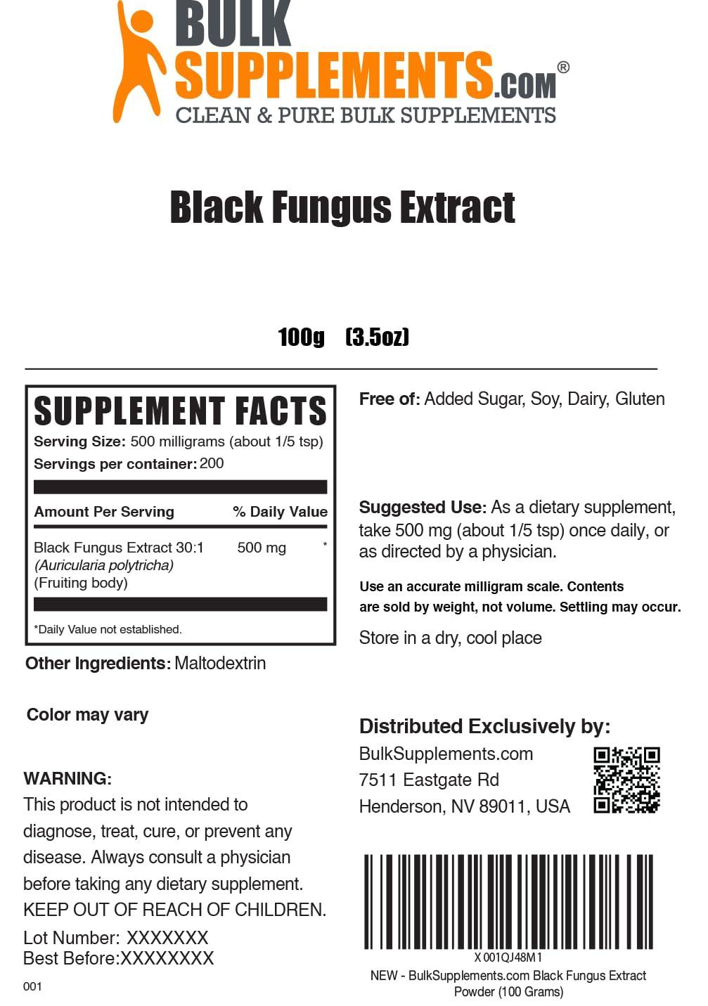 BulkSupplements BulkSupplements.com Black Fungus Mushroom Extract Powder - Mushroom Supplement, Wood Ear Muhsrooms Powder - Gluten Free, 500mg per Serving, 100g (3.5 oz) (Pack of 1)
