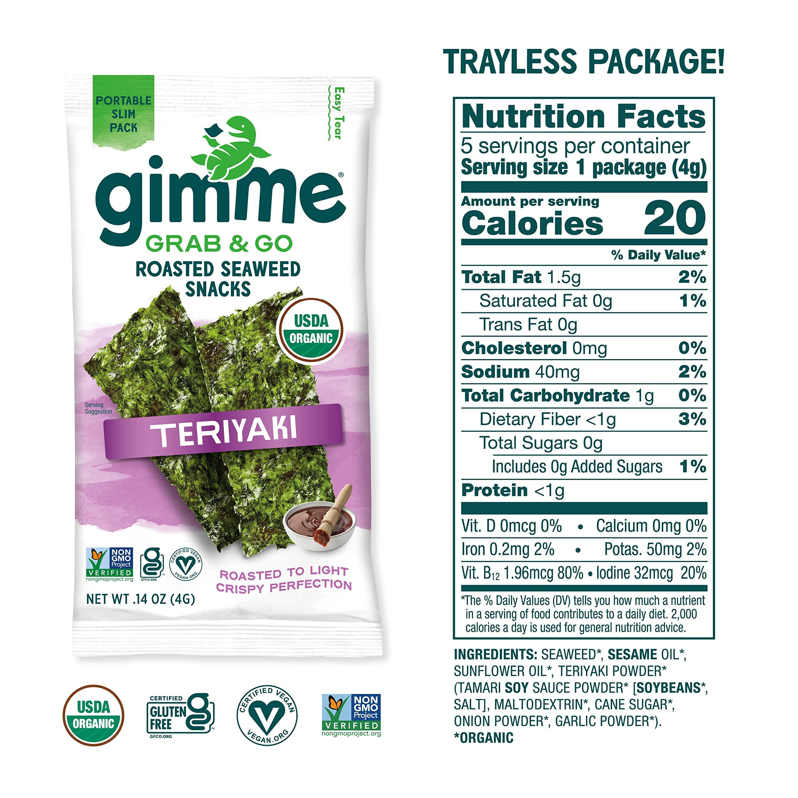 gimMe Gimme Seaweed Grab & Go Organic Premium Roasted Seaweed Snacks, Teriyaki, 5 Count Trayless, Keto, Vegan, Gluten-Free, Source of Omega3s and Iodine, Healthy On-The-Go Snack for Kids and Adults