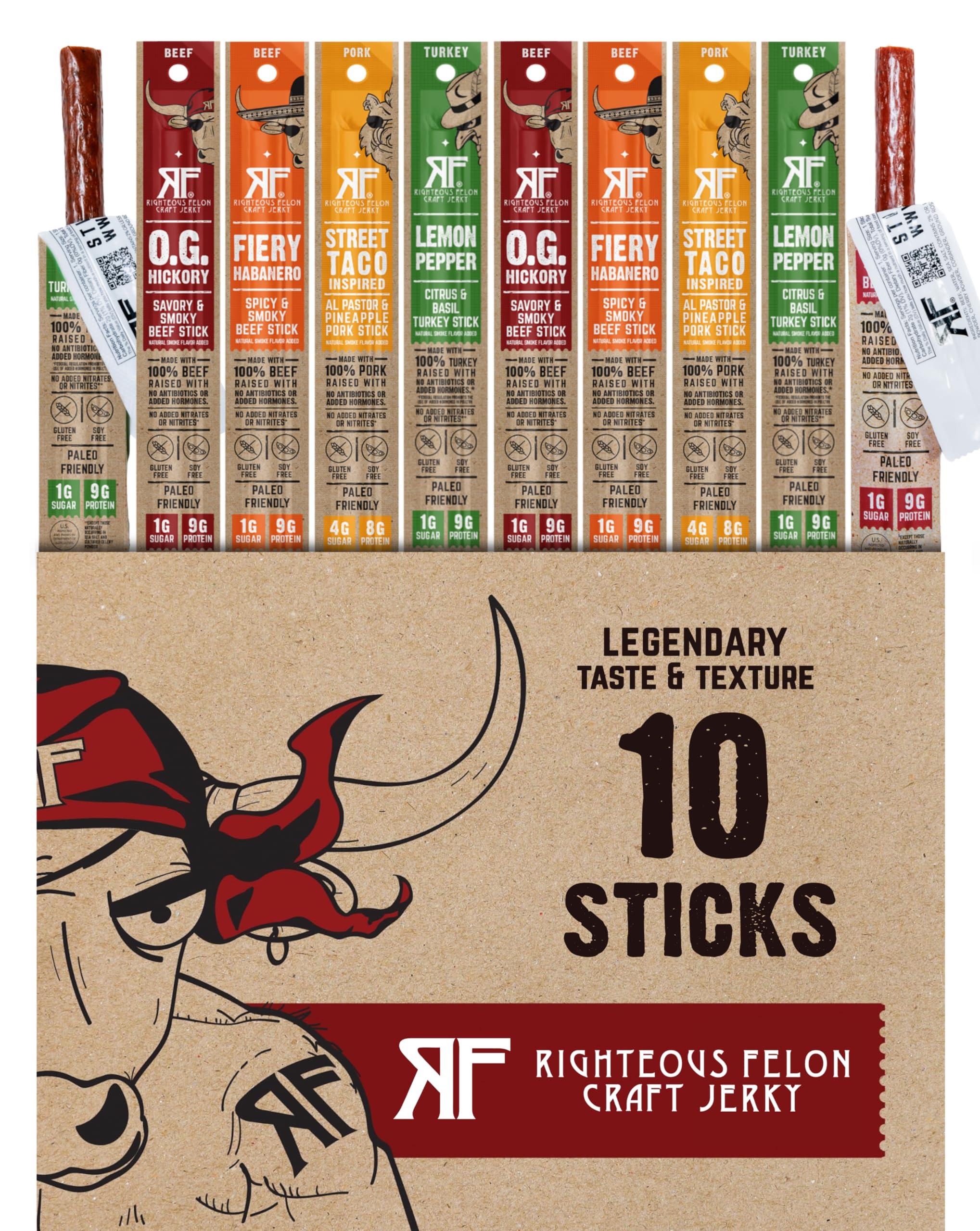 RIGHTEOUS FELON Righteous Felon Jerky Variety Pack Meat Sticks | High Protein, Low Carb, Keto, Gluten Free, Low Sugar, Healthy Snack Stick | All Natural, Individually Wrapped Craft Beef, Turkey, Pork | 10 Count