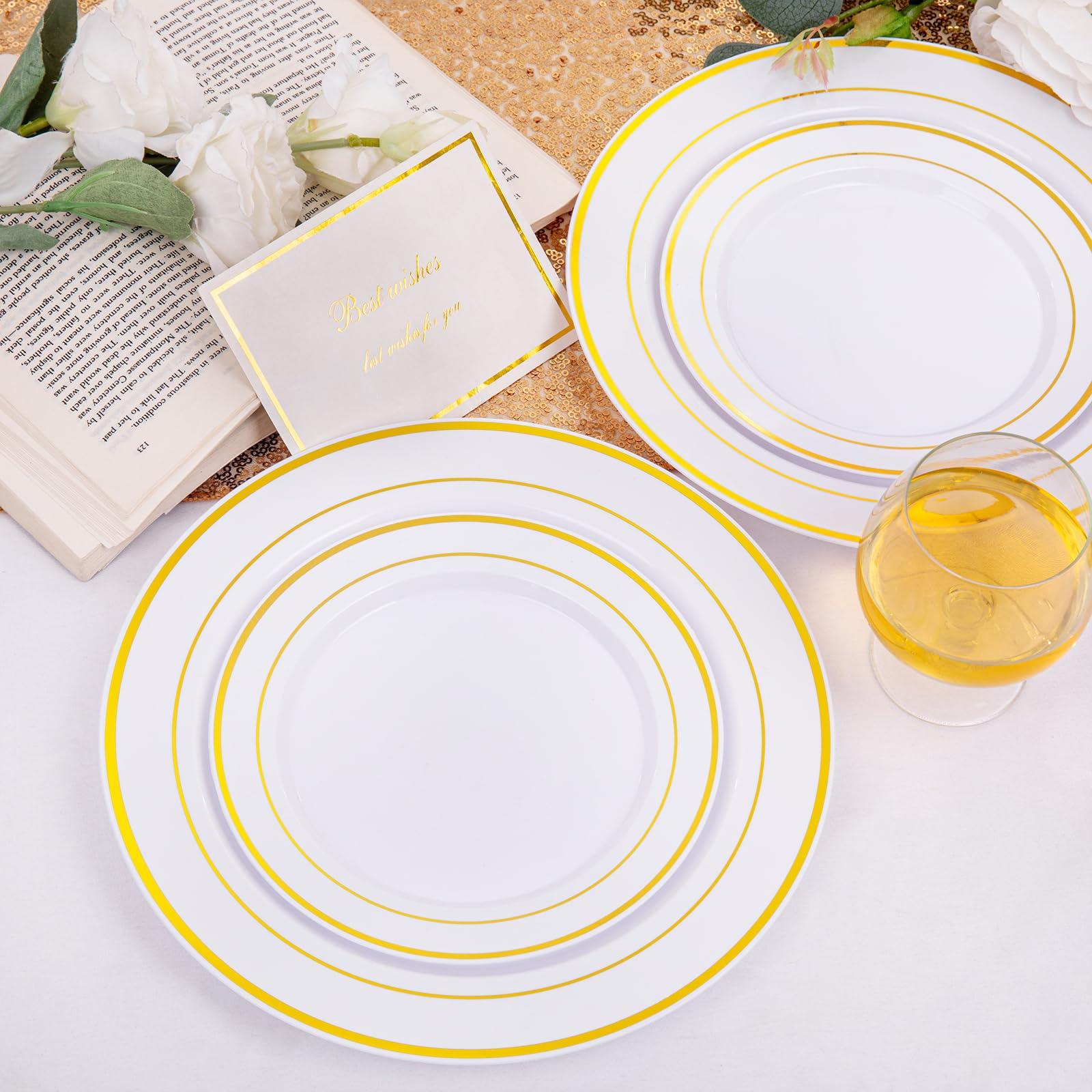 I00000 200 Pcs Gold Plastic Plates - Disposable Party Plates, Gold Plates Disposable Include 100 Dinner Plates and 100 Elegant Dessert Plates, Plastic Plates for Party, Holiday, Wedding & Birthday