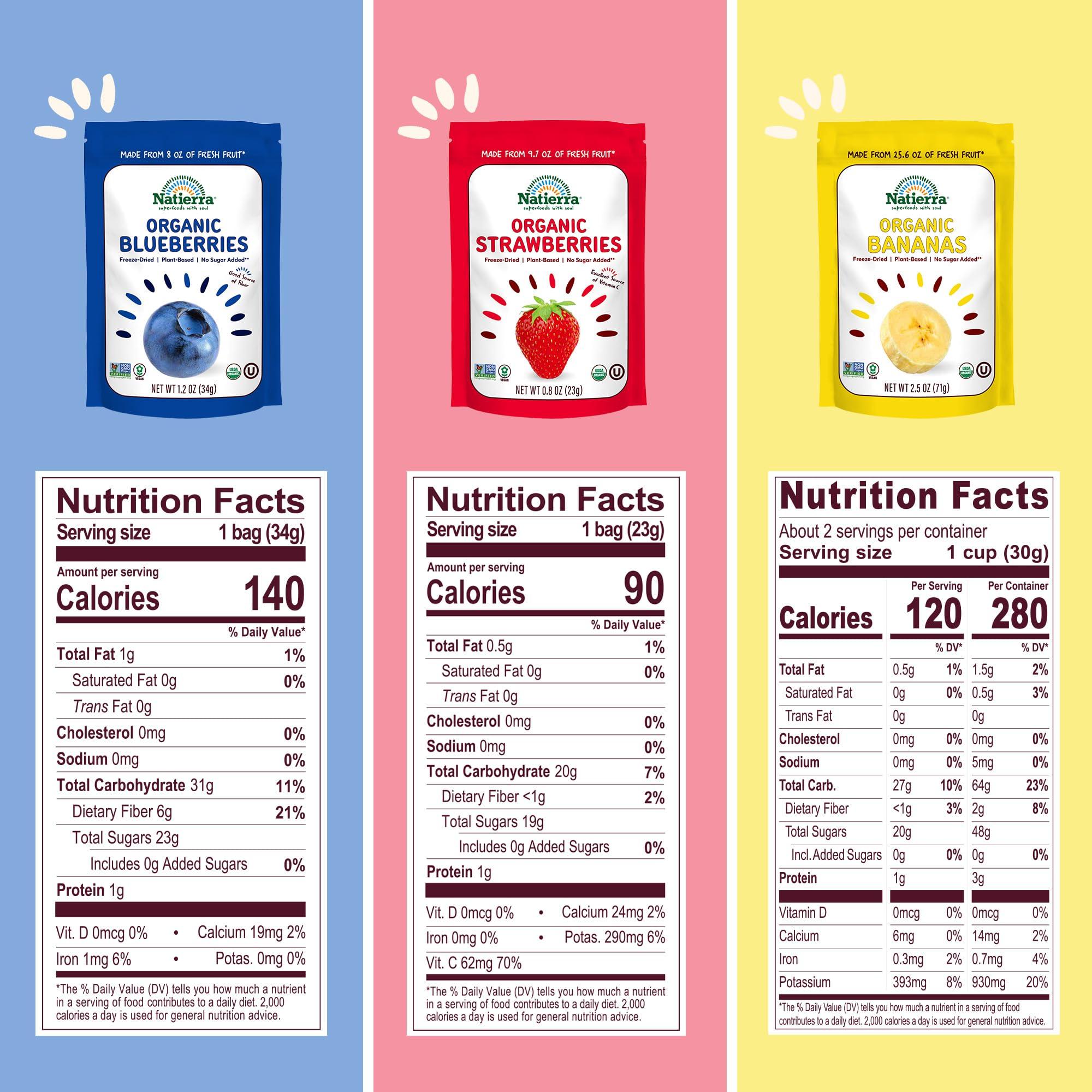 Natierra NATIERRA Organic Freeze-Dried Blueberries, Bananas & Strawberries | USDA Organic, Non-GMO & Vegan, Gluten Free, No Additives, No Sugar Added | Variety Pack (Pack of 3)