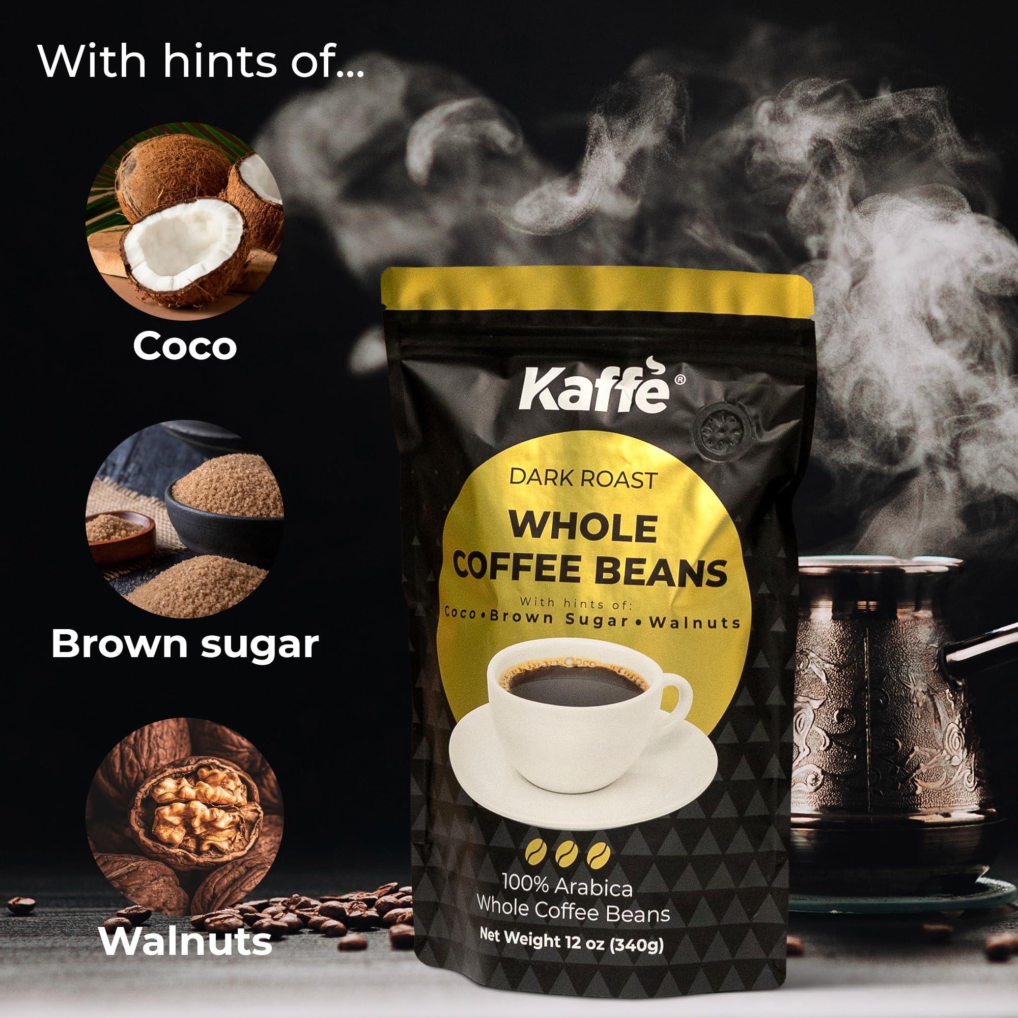 Kaff Kaffe Dark Roast Coffee Beans from Colombia (12 oz) - 100% Arabica Coffee Beans - Hints of Cocoa, Brown Sugar, Walnuts - Premium Whole Bean Coffee - Espresso Beans for Grinding