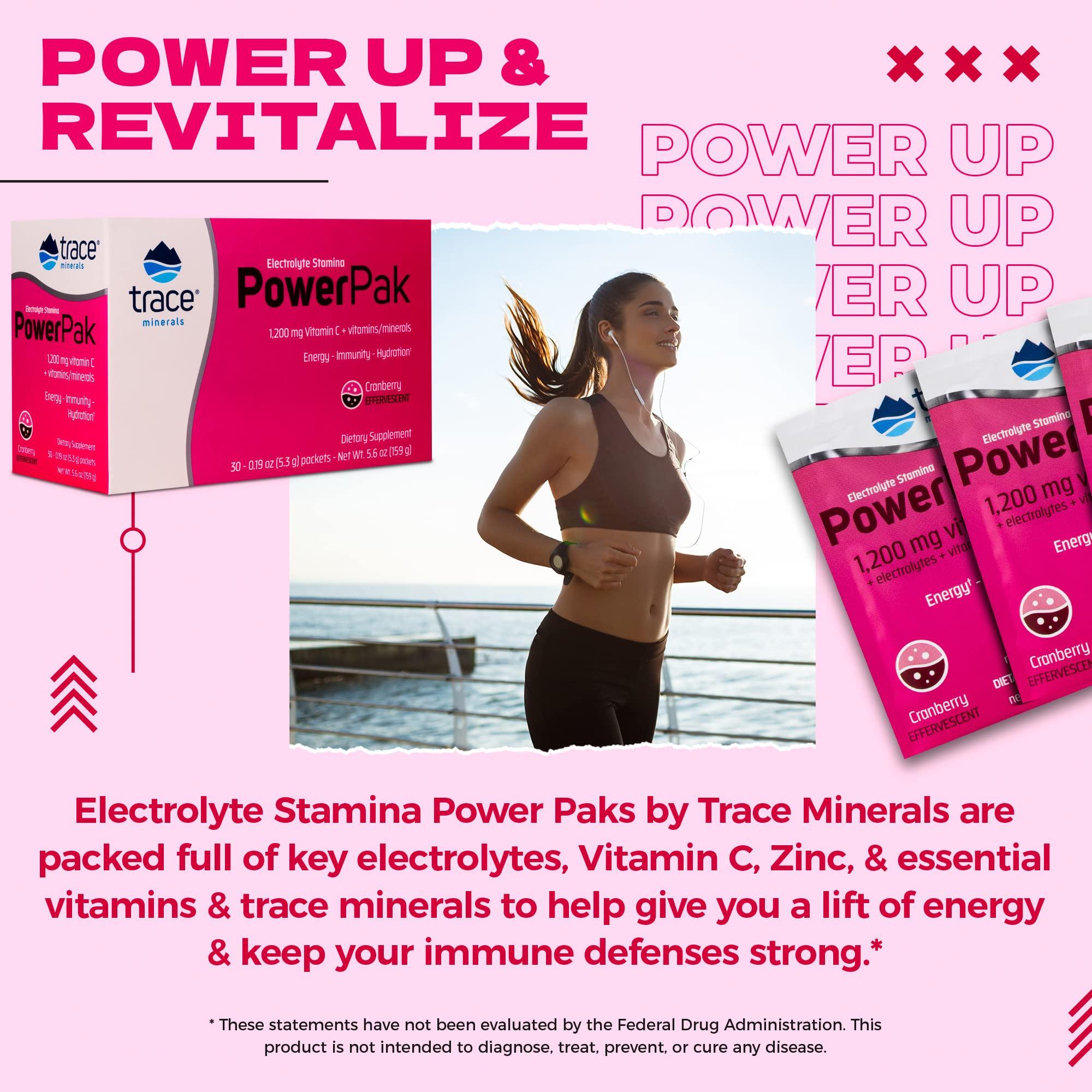 Trace Minerals Research Trace Minerals | Power Pak Electrolyte Powder Packets | 1200 mg Vitamin C, Zinc, Magnesium | Boost Immunity, Hydration and Natural Energy | Cranberry | 30 Packets