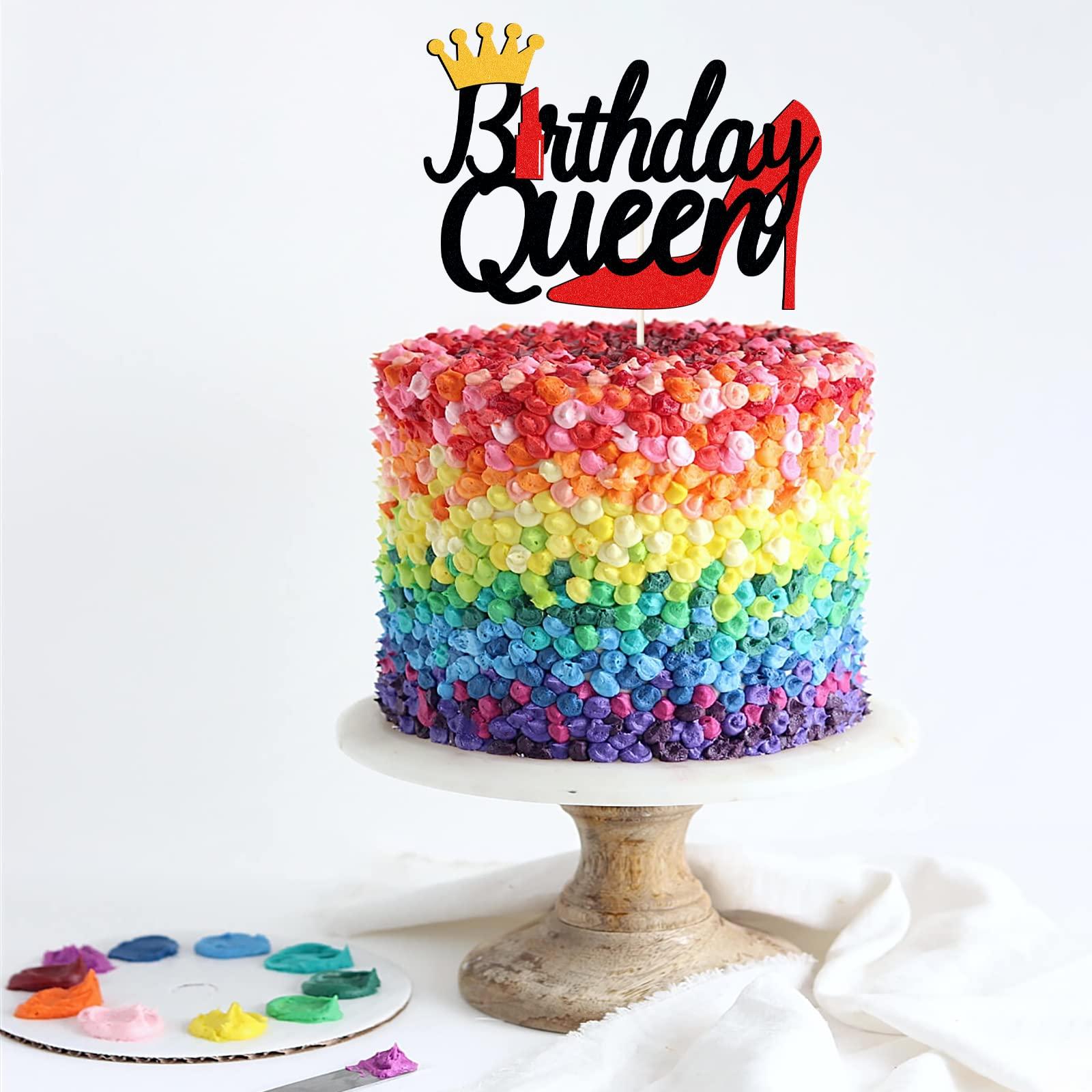 LECAKTO Black Red Glitter Birthday Queen Cake Topper,Lipstick High Heels Queen Theme Cake Decor,Queen Birthday Party Decorations Supplies For Women Girl