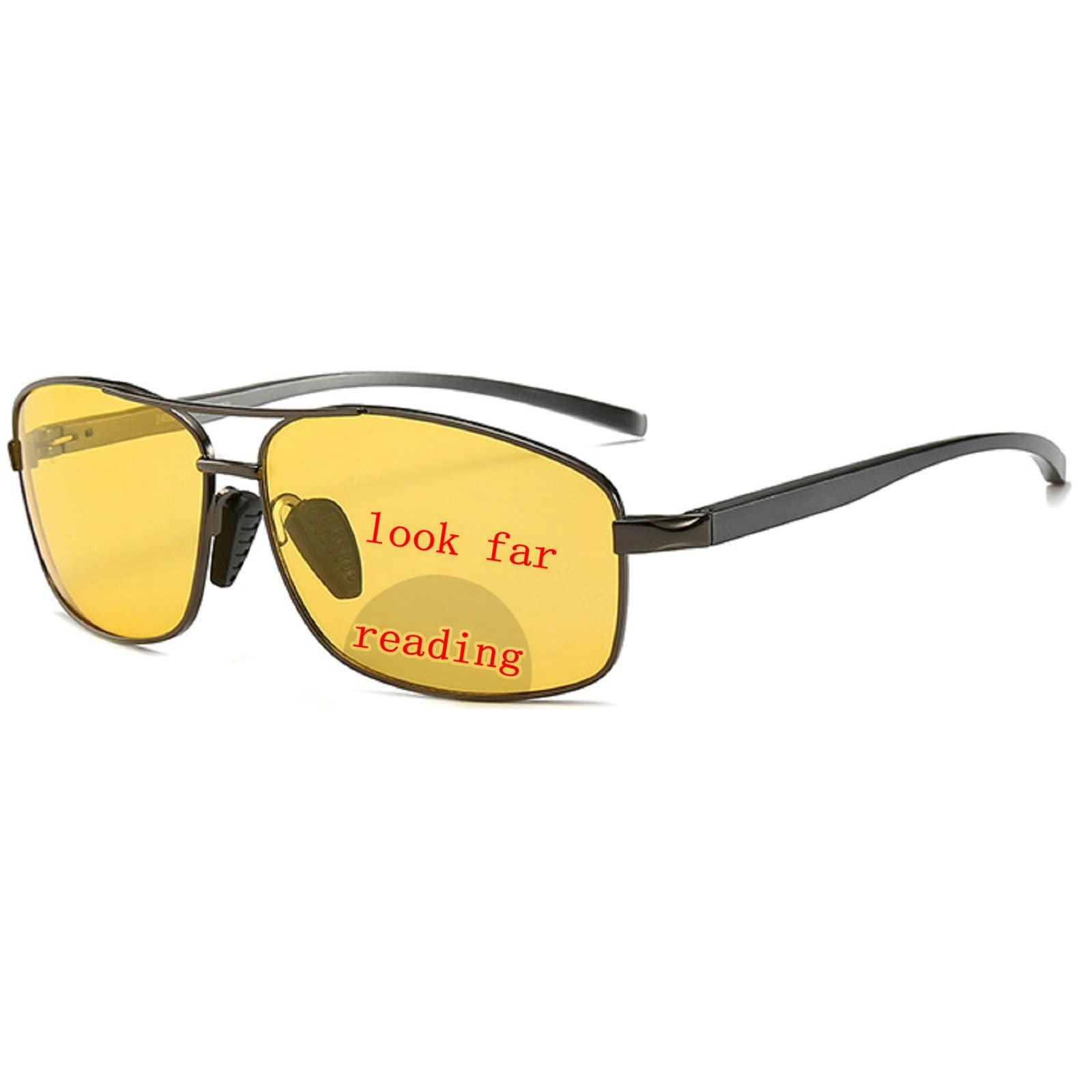 mincl Aluminum Magnesium Bifocal Sunglasses Readers Anti-glare Night Vision Magnified Presbyopia Reading Glasses for Men (gray&yellow, 1.0 x)