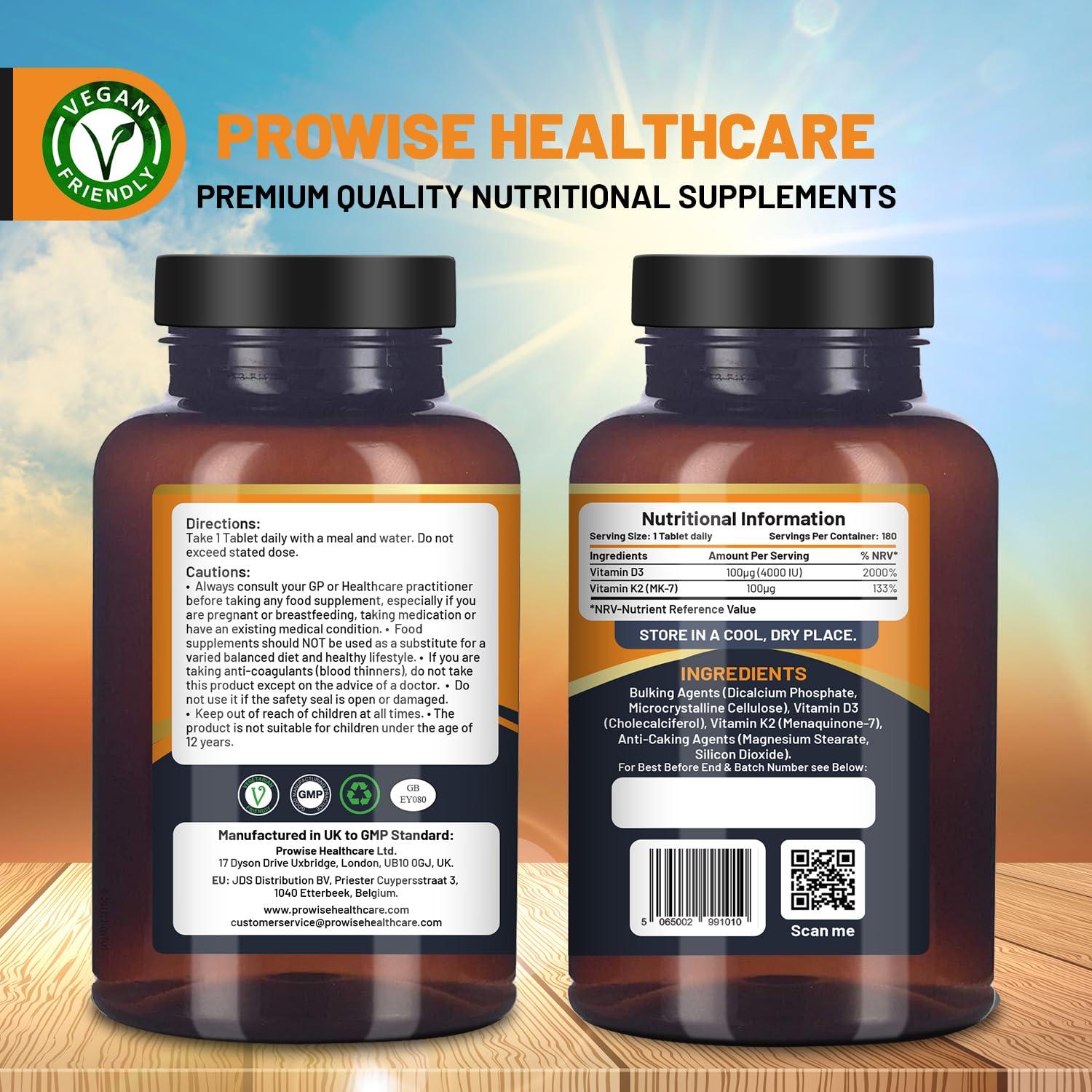 PH PROWISE Healthcare Vitamin D3 4000IU & K2 MK7 100g Vegetarian Tablets I 180 (6 Months Supply) I Easy to Swallow Supplement for Immune Support, Calcium Boost, Bone & Muscle I Made in The UK by Prowise Healthcare
