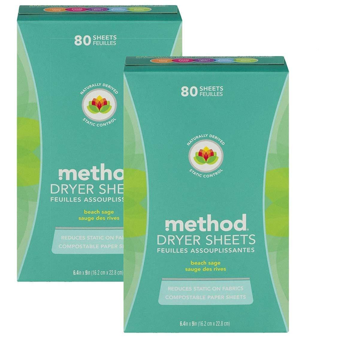 Method Method Dryer Sheets, Beach Sage, 80 Sheets, 2 Pack, Packaging May Vary
