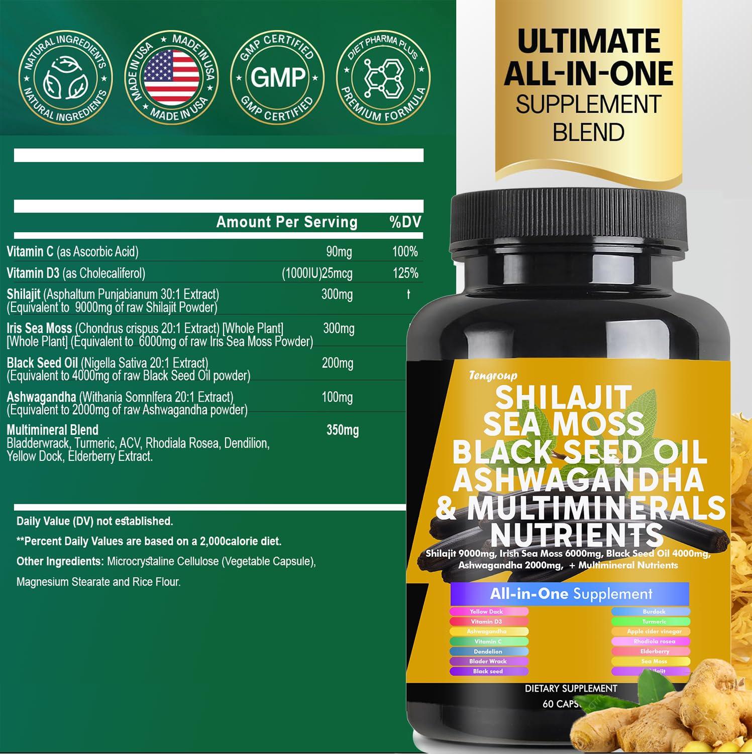 Tengroup Shilajit 9000mg Sea Moss 6000mg Black Seed Oil 4000mg Ashwagandha 2000mg Burdock 1000mg & Vitamin C & D3 with Elderberry rhodiola rosea Dandelion Yellow Dock Turmeric ACV