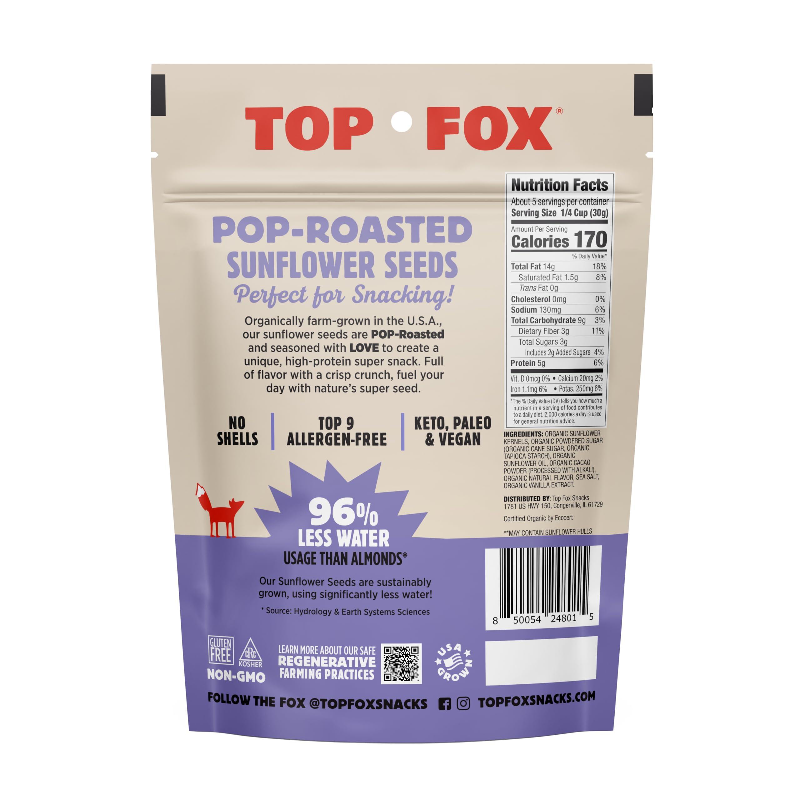 TOP FOX Top Fox Snacks - Organic Pop-Roasted Sunflower Seeds | Healthy Protein Snacks - Gluten Free - Keto and Vegan Friendly (Dark Cacao Sea Salt, 5.5 oz - 6 Pack)