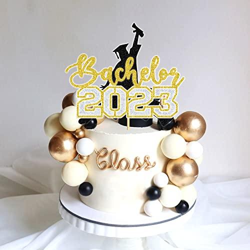 Aeryourtar Congrats Bachelor Cake Topper, 2023 Graduation Cake Topper, Congrats Grad Cake Decorations, College Graduation Party Decorations Supplies, Gold and Black Glitter