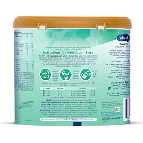 Enfamil Enfamil Reguline Baby Formula, Milk-Based Infant Nutrition, Dual Prebiotics for Soft, Comfortable Stools within 1 Week of Use, Omega-3 DHA for Immune Support, Reusable Powder Tub, 19.5 Oz
