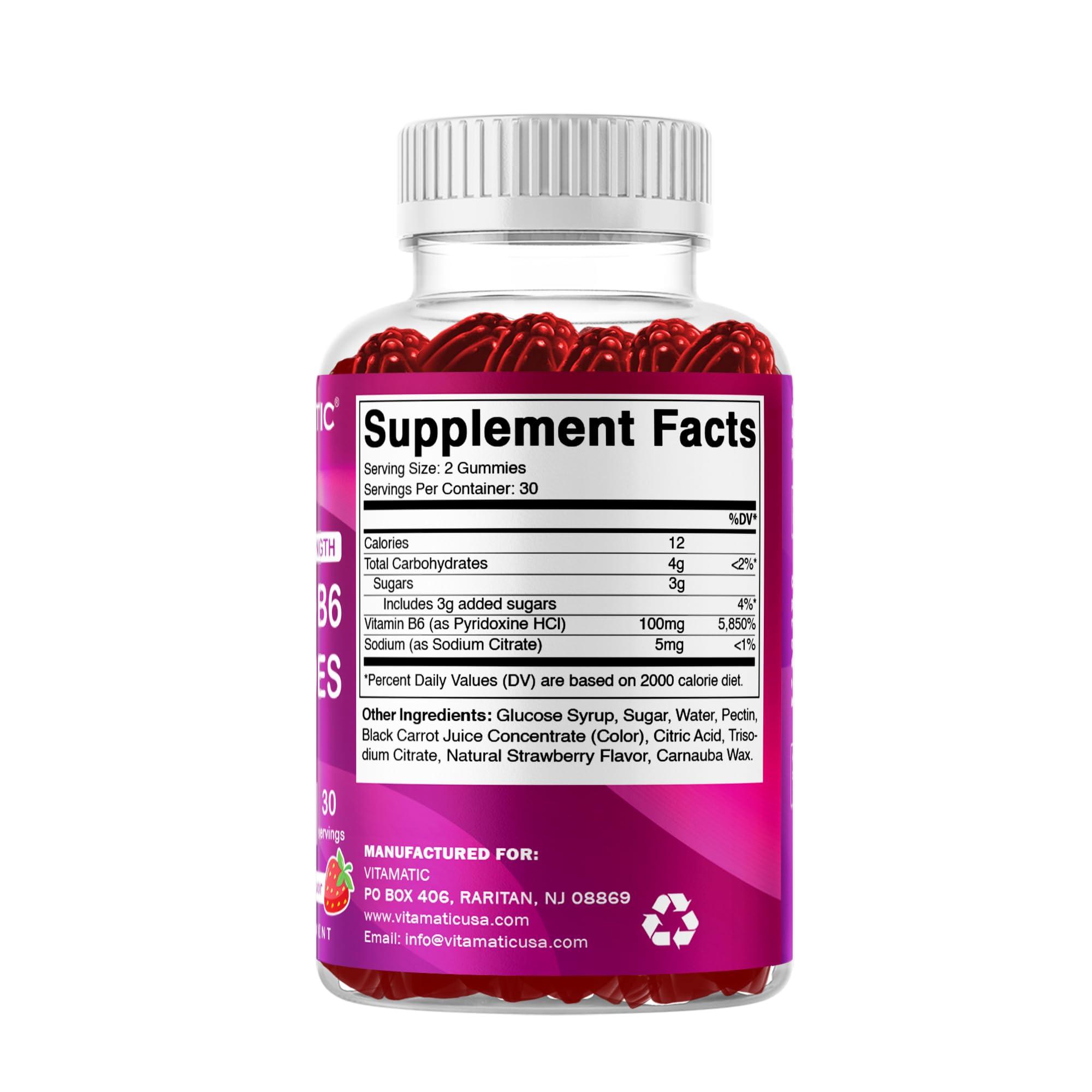 Vitamatic Vitamatic 2 Packs Vitamin B6 100mg - Strawberry Flavor - 60 Pectin Based Gummies - Supports Nervous System