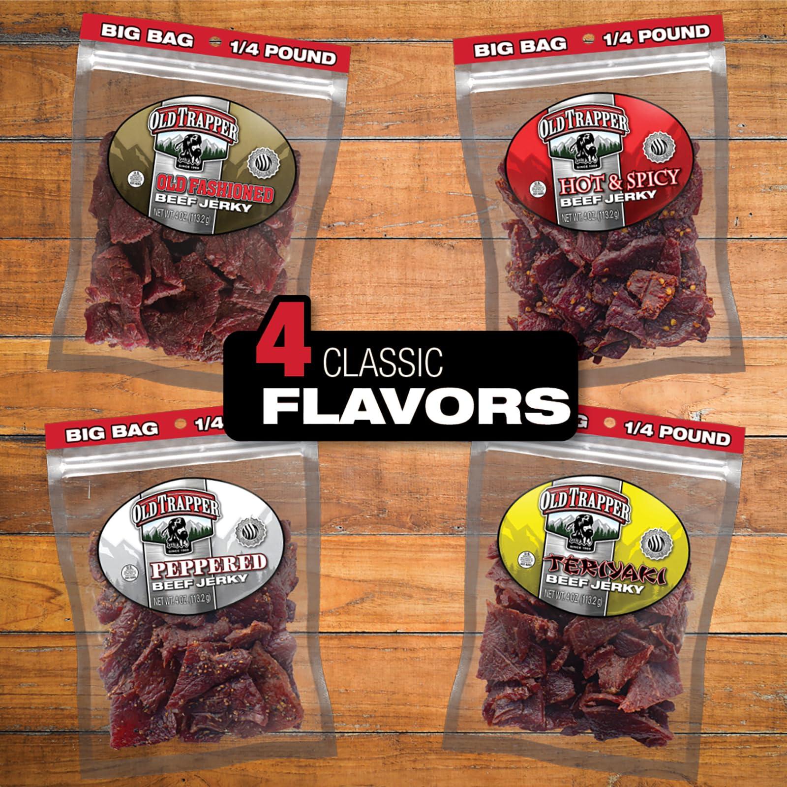 Old Trapper Old Trapper Beef Jerky, Hot & Spicy 1/4-Pound Individual Package, Savory and Spicy Meat Snacks for Lunches or Between Meals, 11 Grams of Protein and 70 Calories per Serving (Pack of 8)