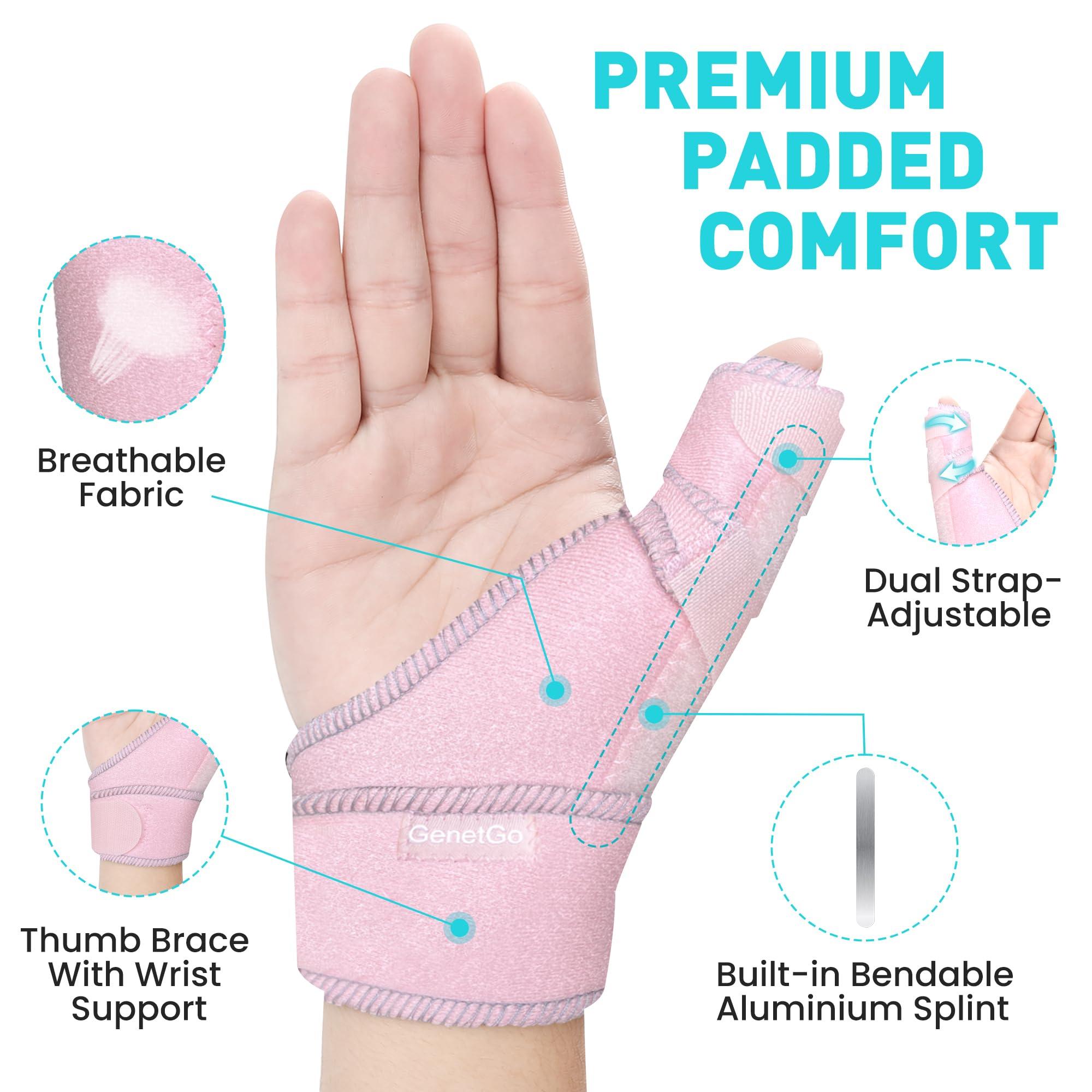 GenetGo Trigger Thumb Splint - Thumb Spica Support Brace Stabilizer for Pain, Sprains, Arthritis, Tendonitis (Right Hand or Left Hand) (Pink)